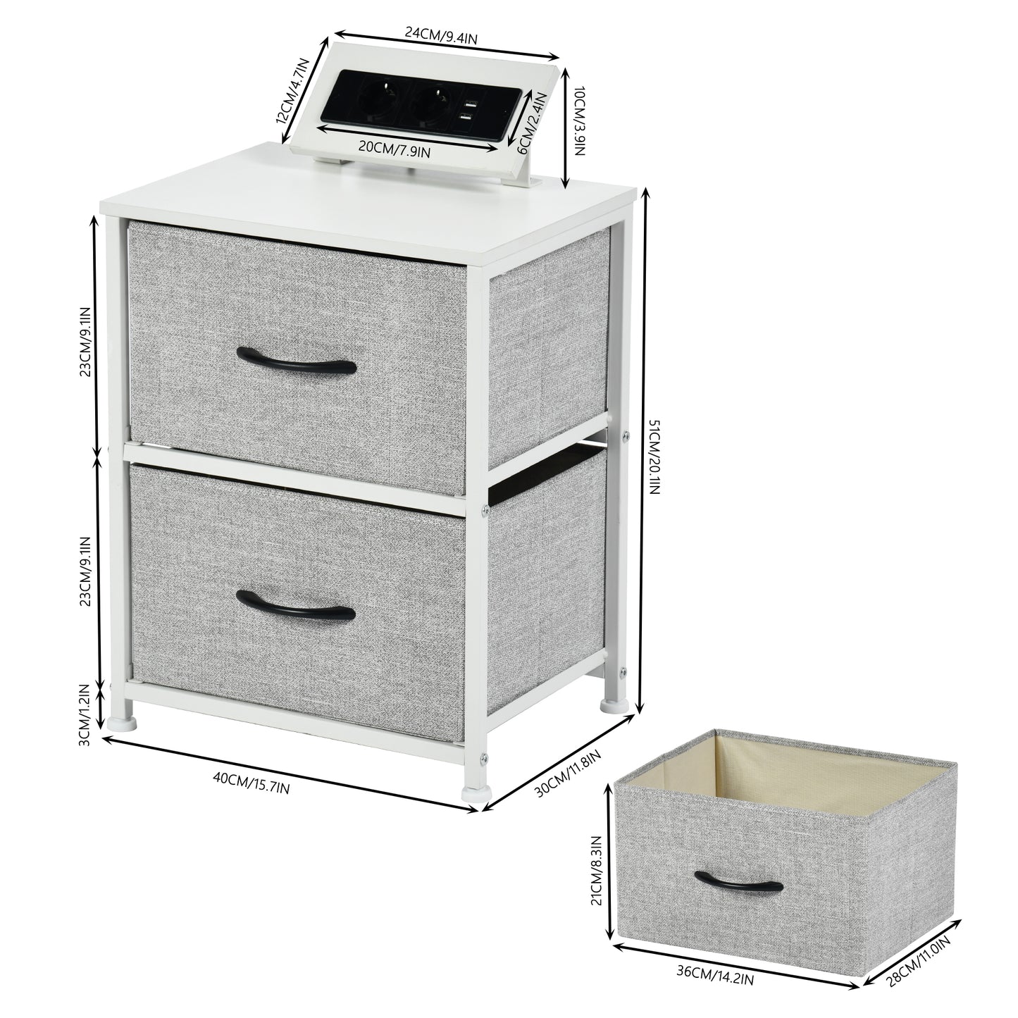 Table de Chevet avec 2 Tiroirs Tissus Table d'appoint Petit Meuble de Rangement, Avec 2 prise de courant et 2 prises USB, 40 x 30 x 51 cm--Blanc