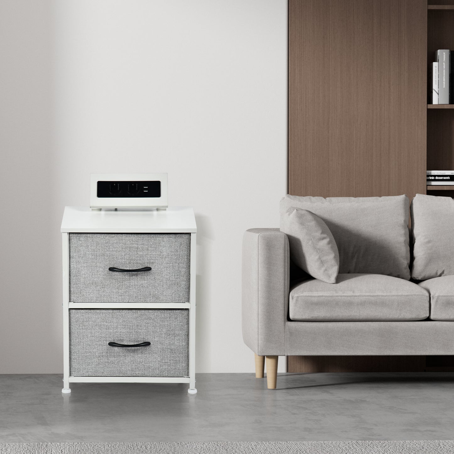 Table de chevet avec 2 tiroirs en tissu, meuble d'appoint avec 2 prises de courant et 2 USB, 40 x 30 x 51 cm, blanc
