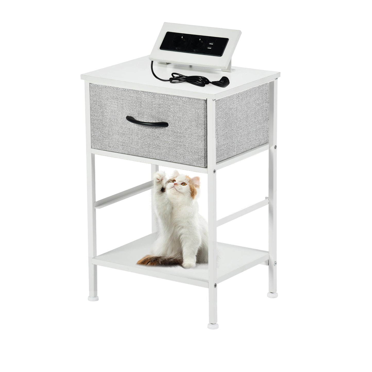 Table de Chevet avec 2 Tiroirs Tissus Table d'appoint Petit Meuble de Rangement, Avec 2 prise de courant et 2 prises USB, 40 x 30 x 51 cm--Blanc