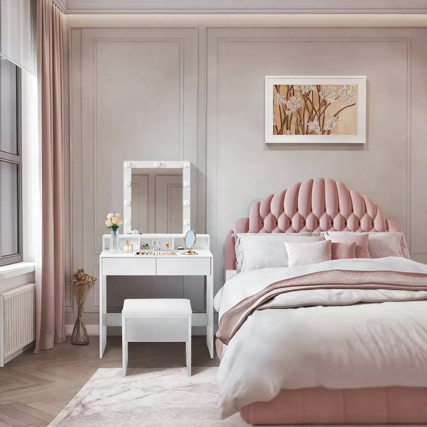 Coiffeuse avec éclairage, miroir, tabouret, 2 tiroirs et 3 compartiments ouverts, luminosité réglable, 80 cm, blanc