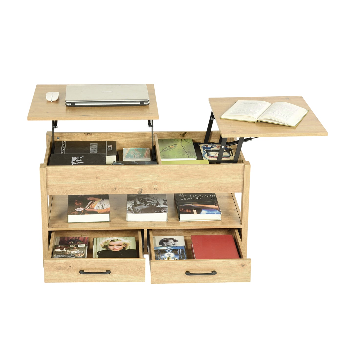 Table Basse Plateau relevable, Table de Salon rectangulaire avec tiroirs et Compartiment caché pour Salon, Bureau à Domicile, 100 x 50 x 48.5-62 cm, chêne