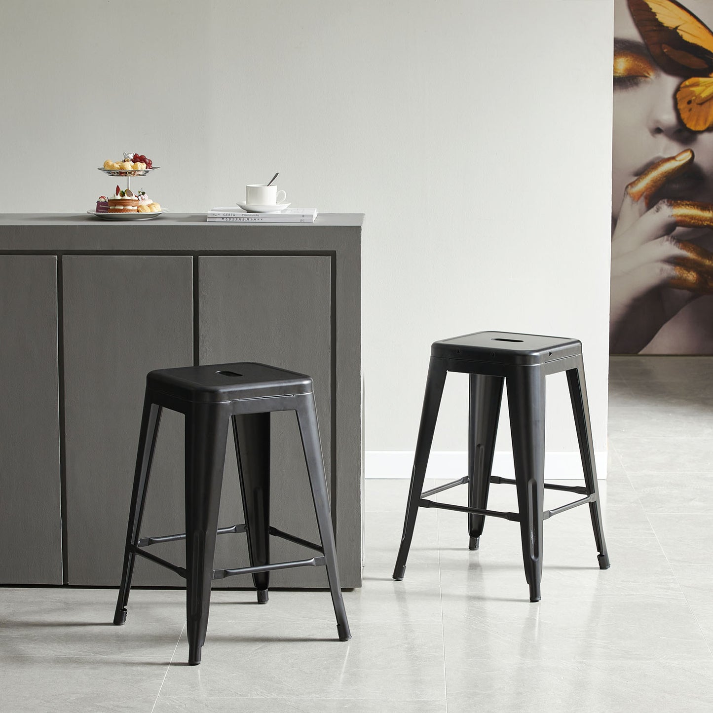 Lot de 2 Tabourets Chaises de Style Industriel en Noir