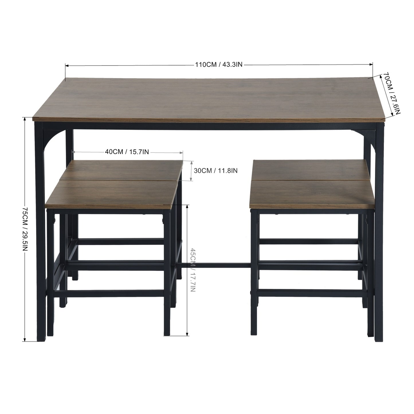 Ensemble de Salle à Manger pour 4 Personnes - Table et Chaises en Fer Tubulaire Noir avec Motif en Bois Foncé et Grain de Chêne Doré