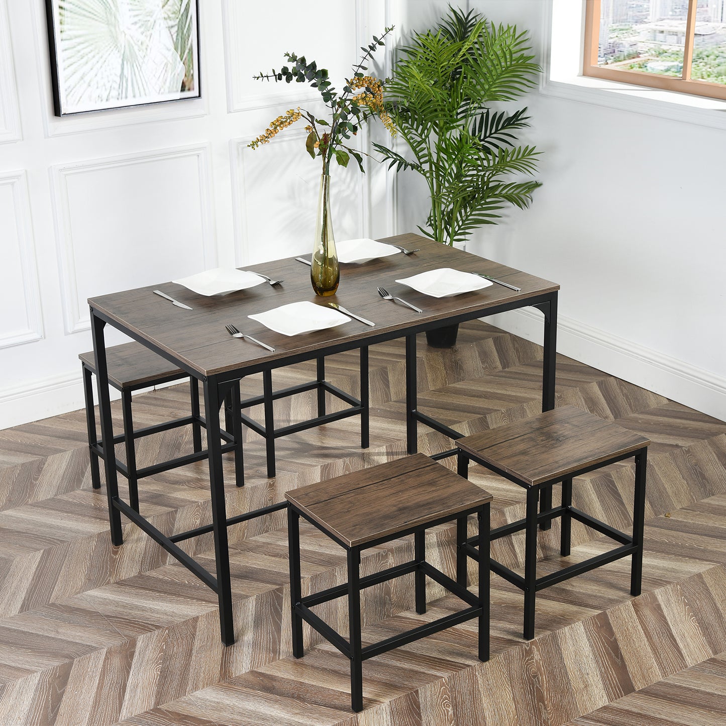 Ensemble de Salle à Manger pour 4 Personnes - Table et Chaises en Fer Tubulaire Noir avec Motif en Bois Foncé et Grain de Chêne Doré