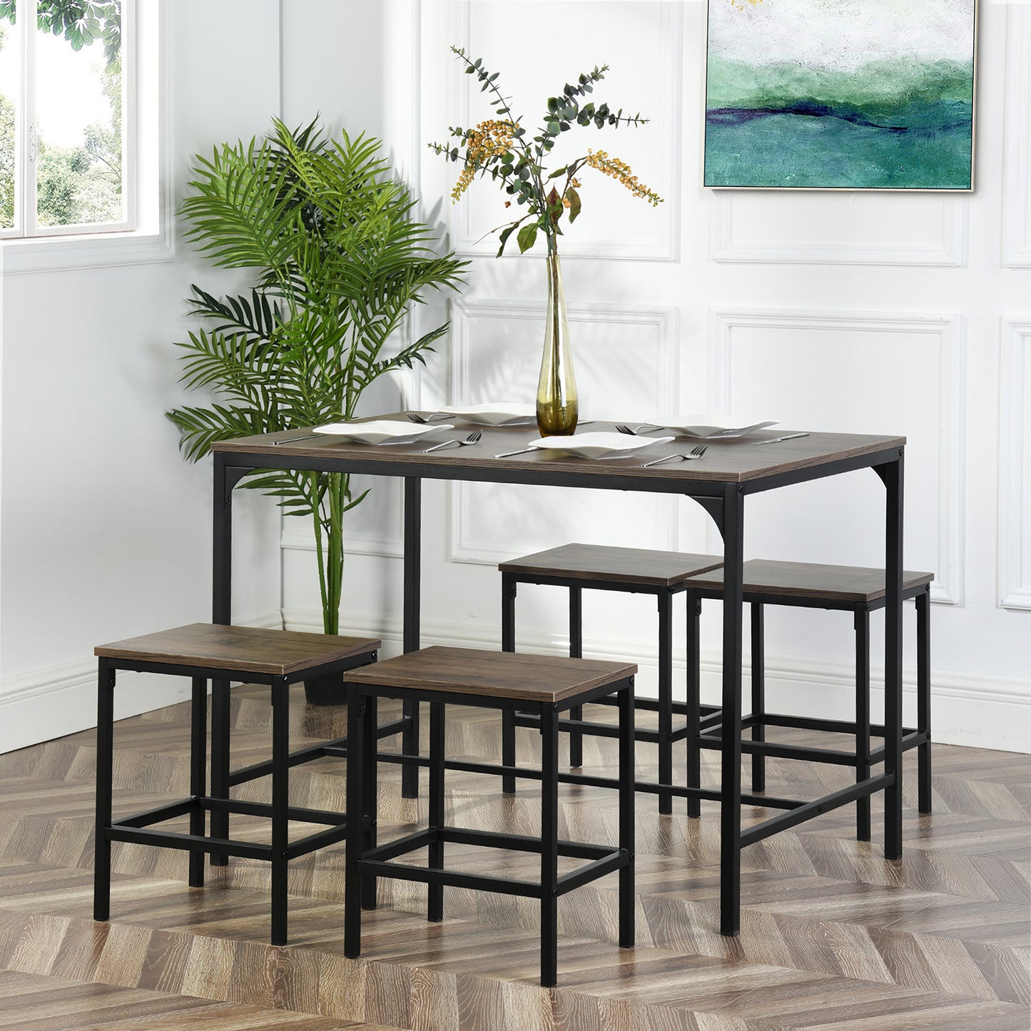 Ensemble de Salle à Manger pour 4 Personnes - Table et Chaises en Fer Tubulaire Noir avec Motif en Bois Foncé et Grain de Chêne Doré