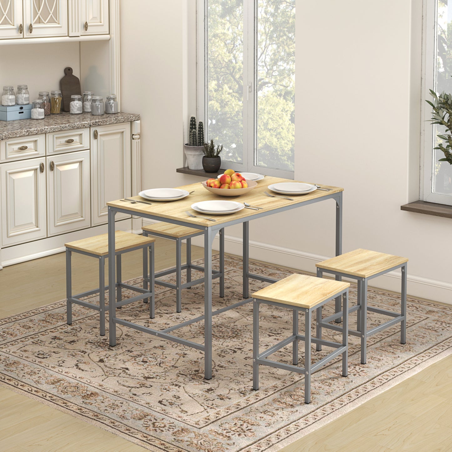 Ensemble table à manger 110x 70x 75 cm et 4 chaises-Hêtre clair et Argent-Style Industriel, pour Cuisine, Salle à Manger, Salon