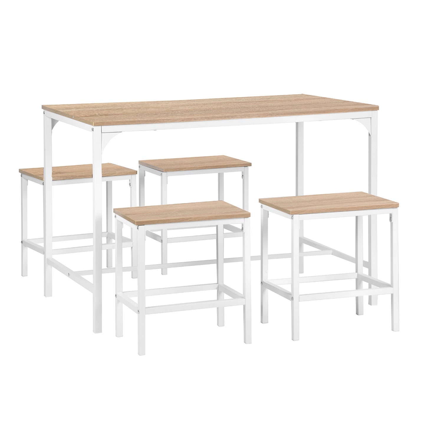 Ensemble de Salle à Manger pour 4 Personnes - Table et Chaises en Fer Tubulaire Blanc avec Motif en Bois Blanc et Grain de Chêne Doré