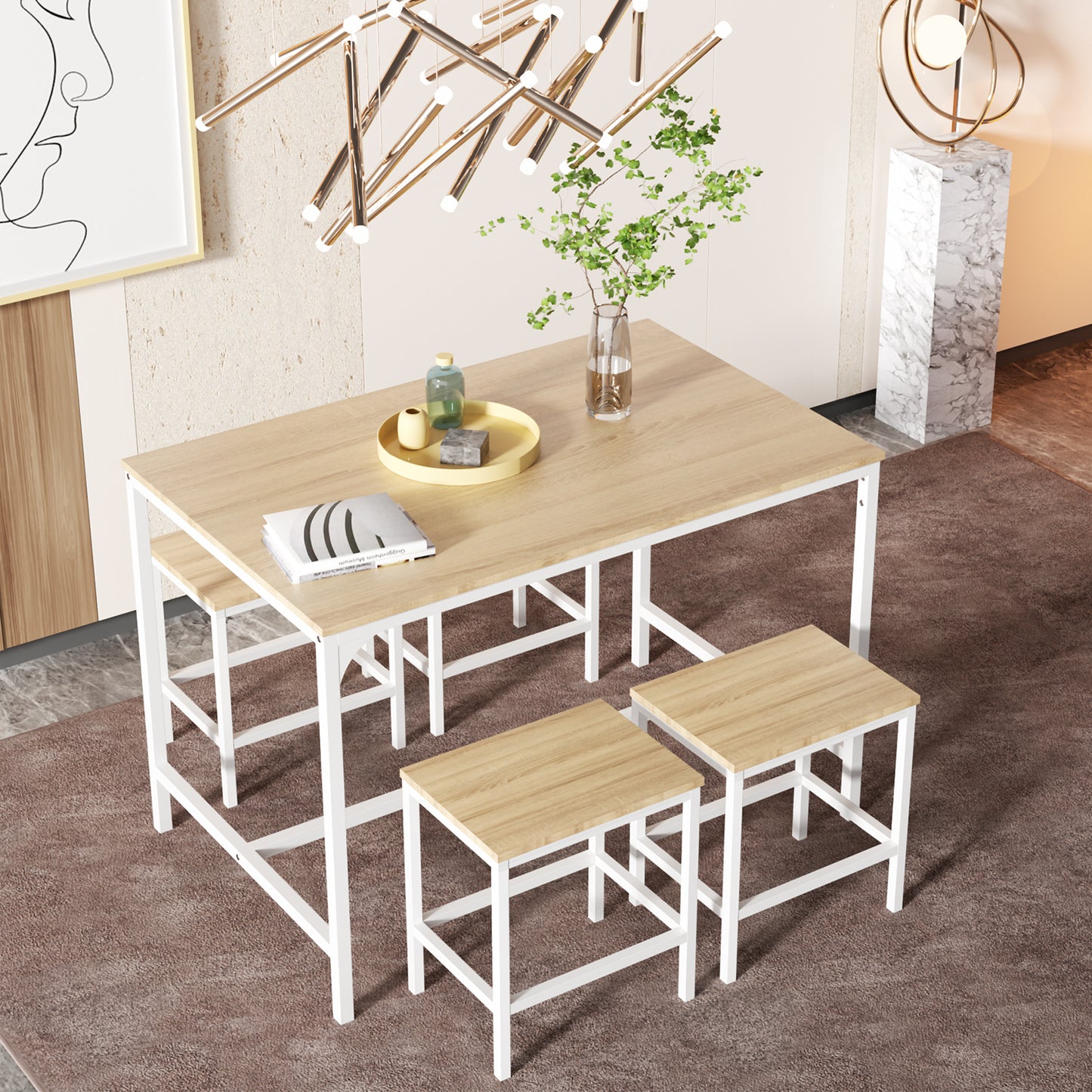 Ensemble de Salle à Manger pour 4 Personnes - Table et Chaises en Fer Tubulaire Blanc avec Motif en Bois Blanc et Grain de Chêne Doré