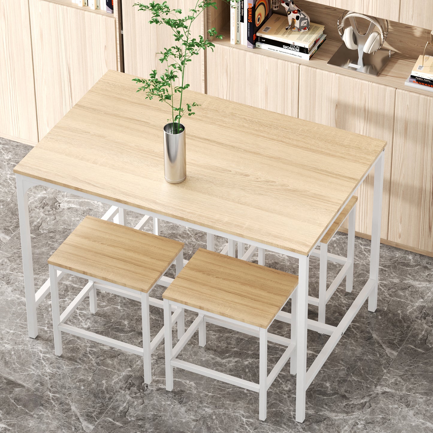 Ensemble de Salle à Manger pour 4 Personnes - Table et Chaises en Fer Tubulaire Blanc avec Motif en Bois Blanc et Grain de Chêne Doré