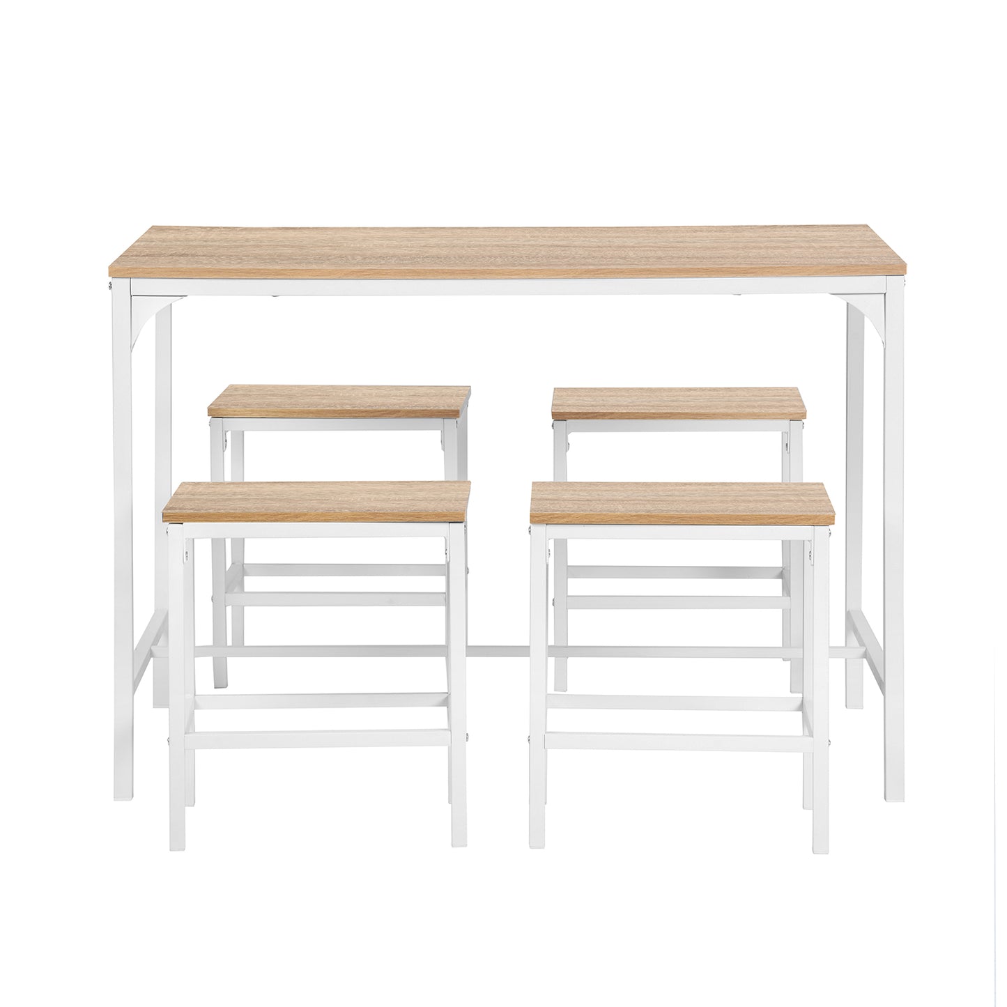 Ensemble de Salle à Manger pour 4 Personnes - Table et Chaises en Fer Tubulaire Blanc avec Motif en Bois Blanc et Grain de Chêne Doré