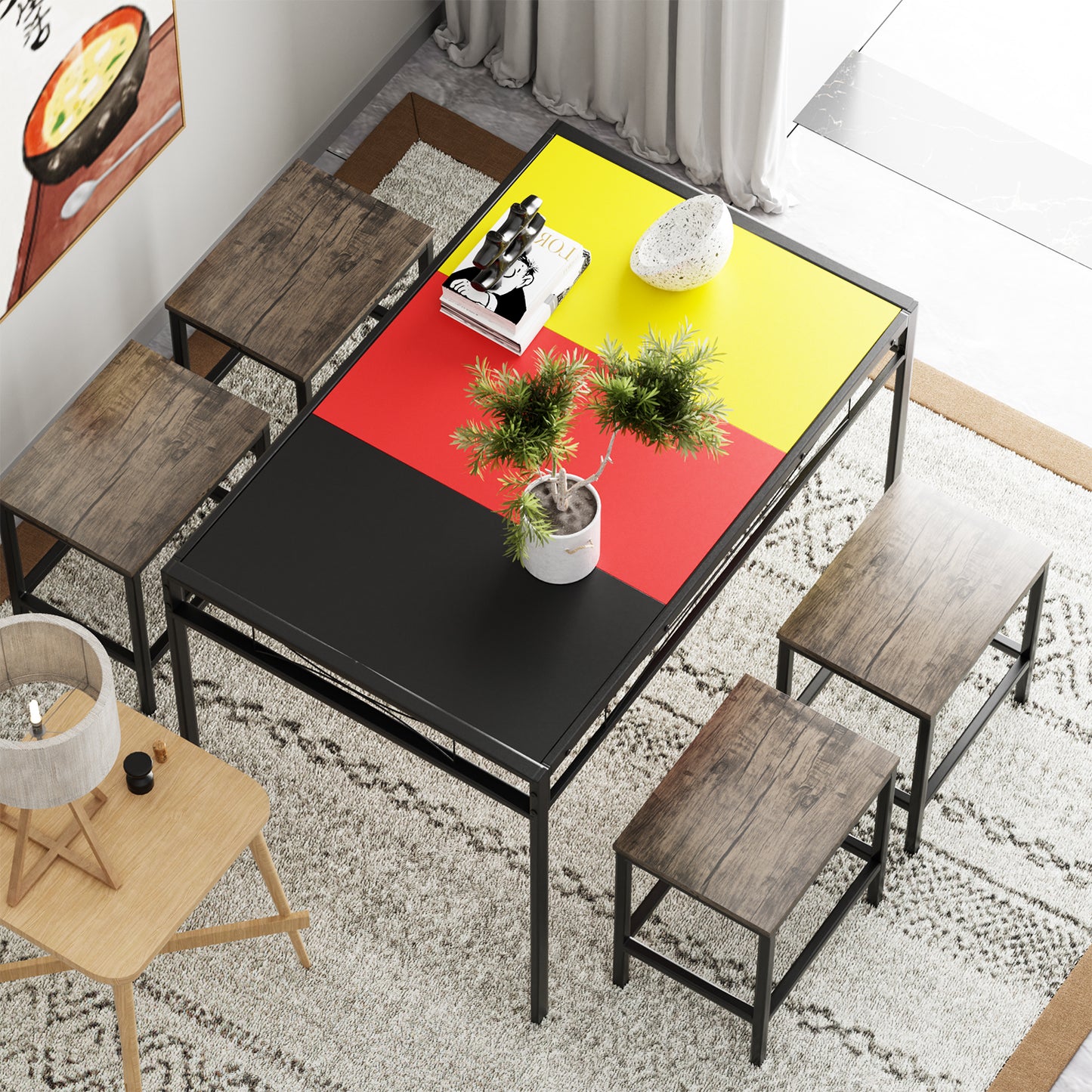 Table à Manger Rectangulaire de Style Industriel avec Conception de Drapeau - 110 x 70 x 75 cm