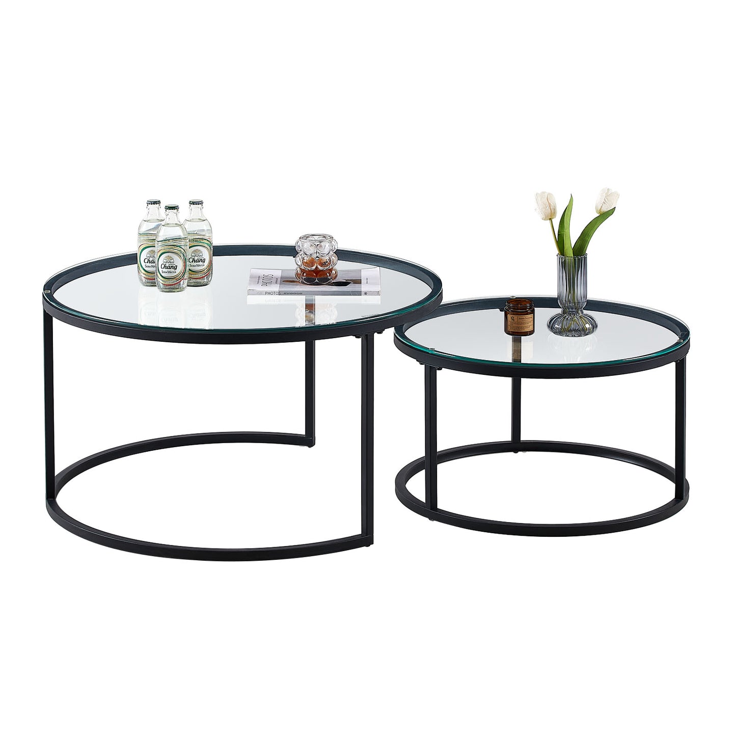 Lot de 2 Tables Basses Rondes avec Cadre Métallique Robuste et Verre Trempé