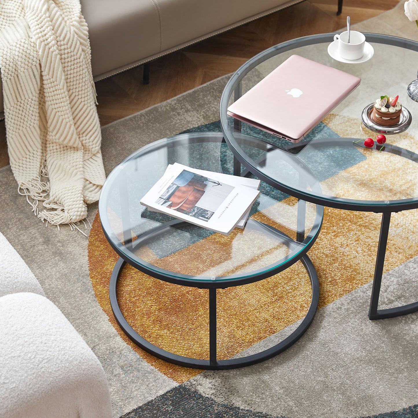Lot de 2 Tables Basses Rondes avec Cadre Métallique Robuste et Verre Trempé