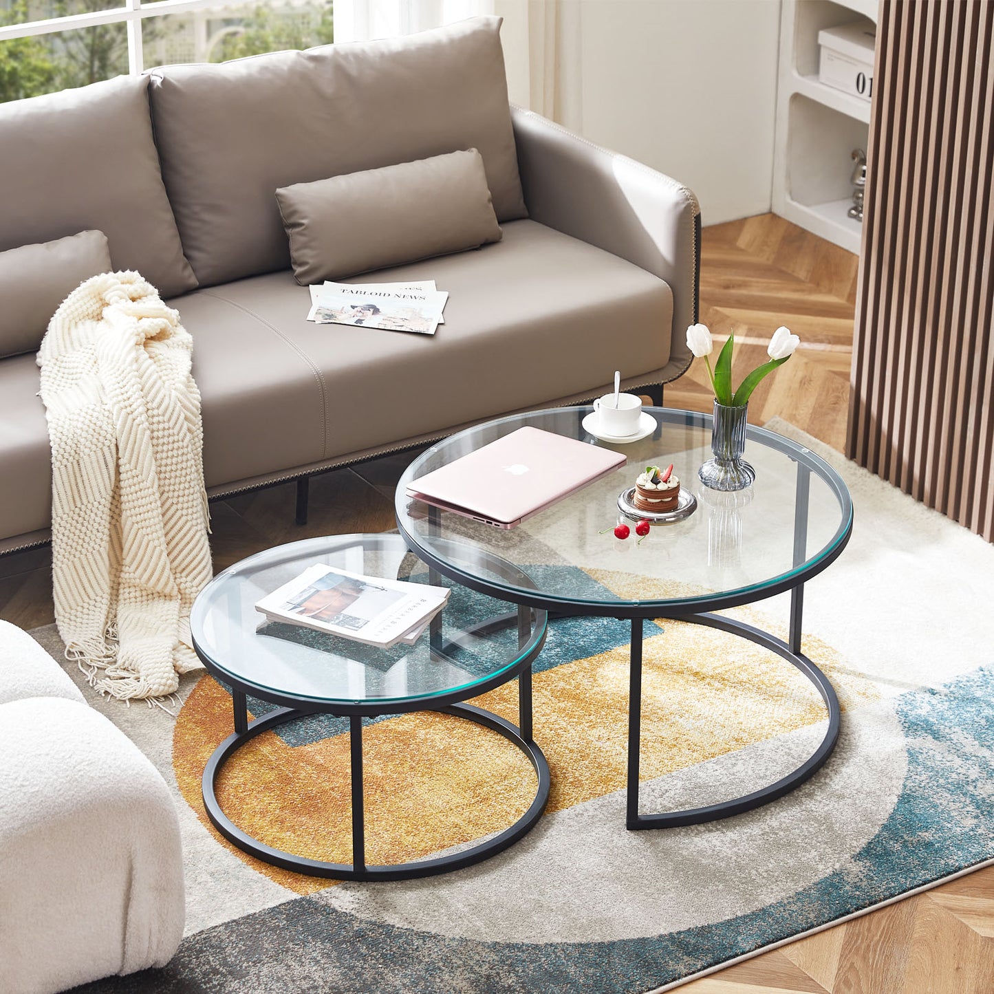 Lot de 2 Tables Basses Rondes avec Cadre Métallique Robuste et Verre Trempé