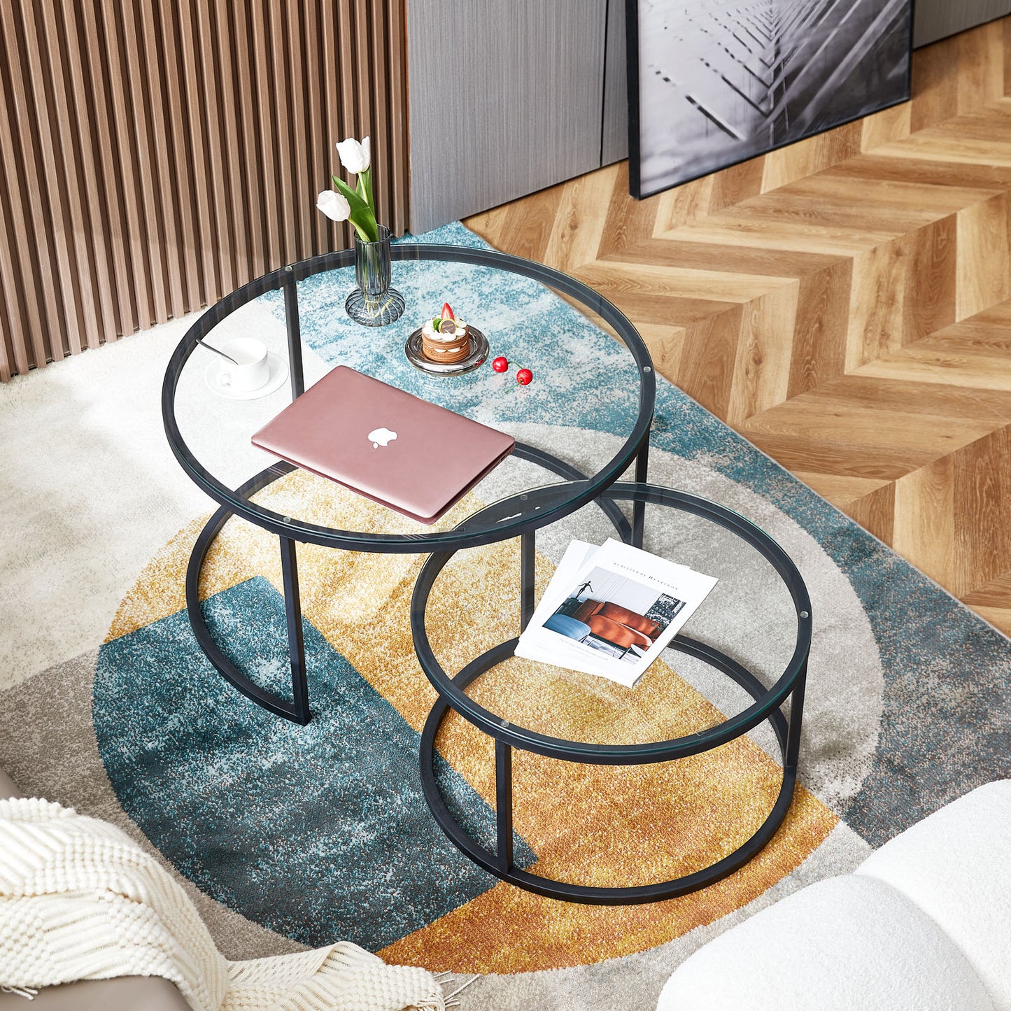 Lot de 2 Tables Basses Rondes avec Cadre Métallique Robuste et Verre Trempé