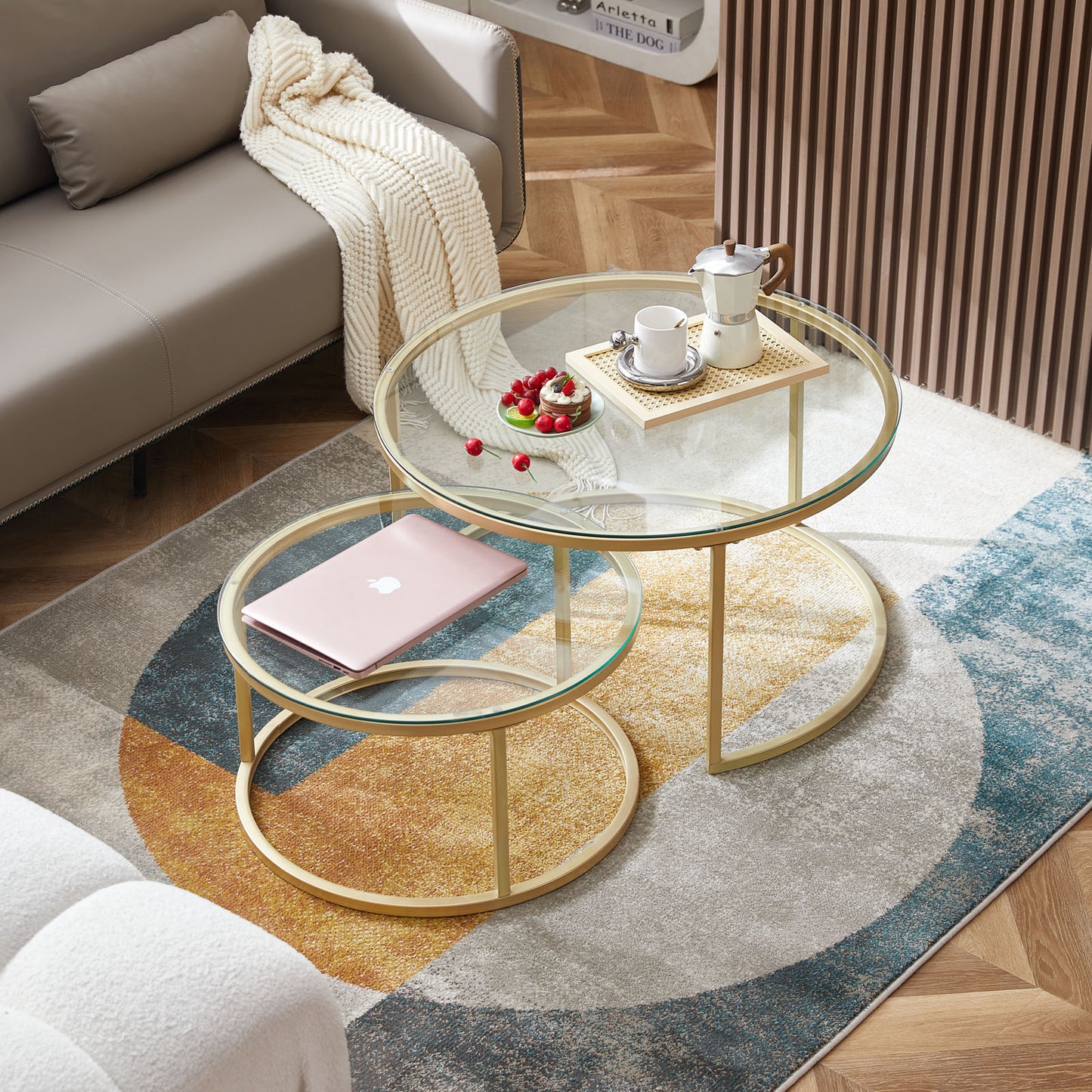 Tables Basses Gigognes Rondes Style Scandinave - Table de Salon - 80 x 45 cm et 60 x 35 cm - Plateau en Verre, Pieds en Métal Doré