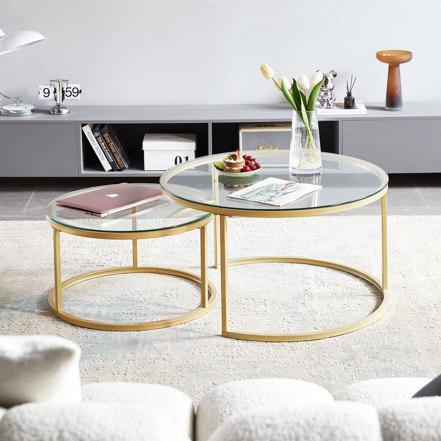 Tables Basses Gigognes Rondes Style Scandinave - Table de Salon - 80 x 45 cm et 60 x 35 cm - Plateau en Verre, Pieds en Métal Doré