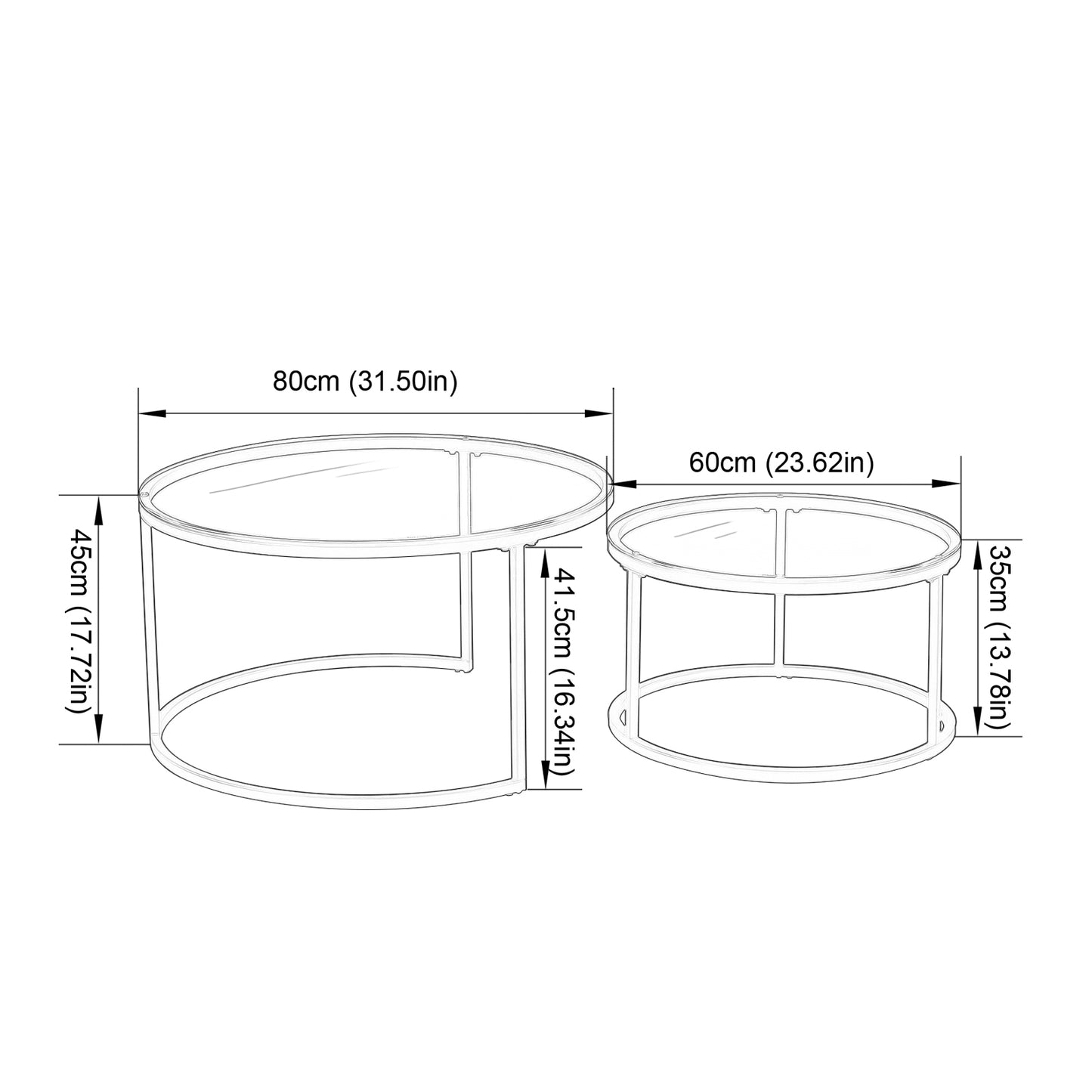 Lot de 2 Tables Basses Rondes avec Cadre Métallique Robuste et Verre Trempé
