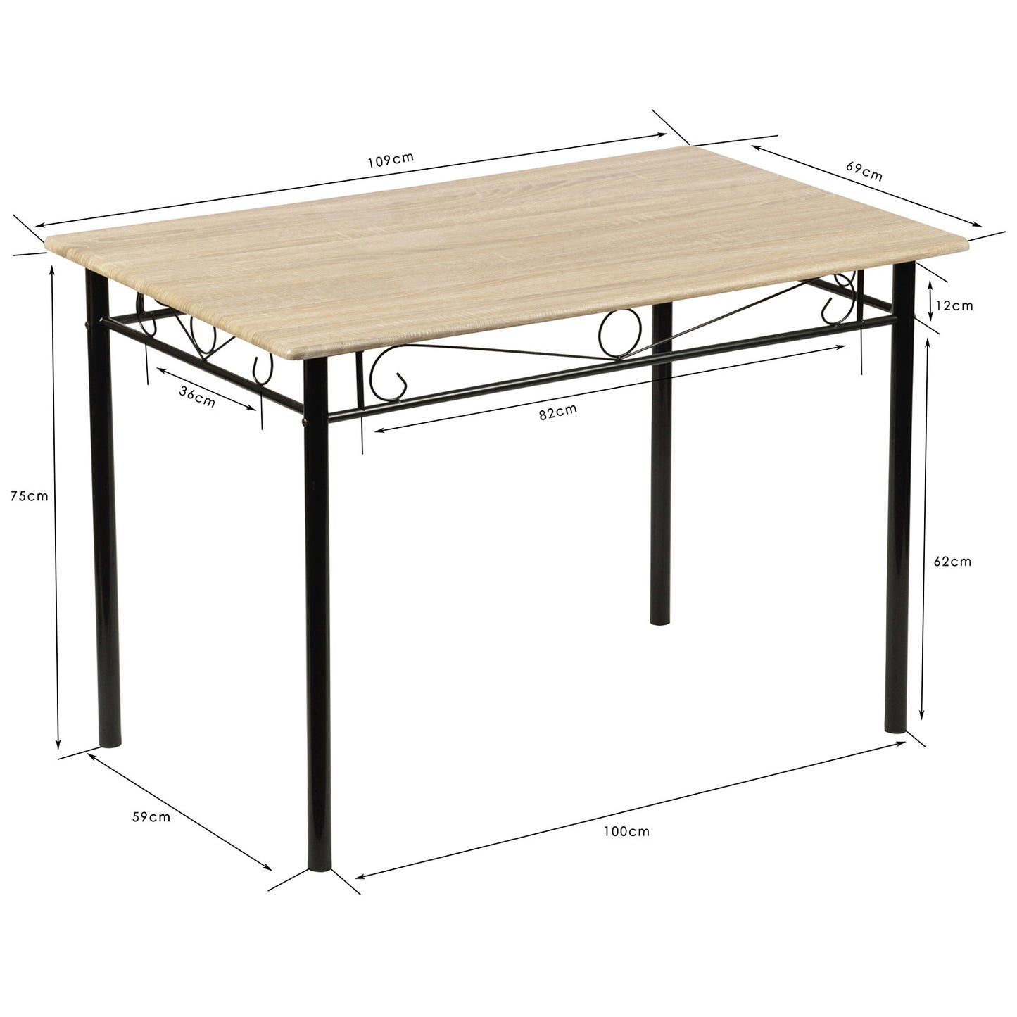 Ensemble table à manger 109x 69x 75 cm et 4 chaises-Hêtre clair et Noir-Style Industriel, pour Cuisine, Salle à Manger, Salon