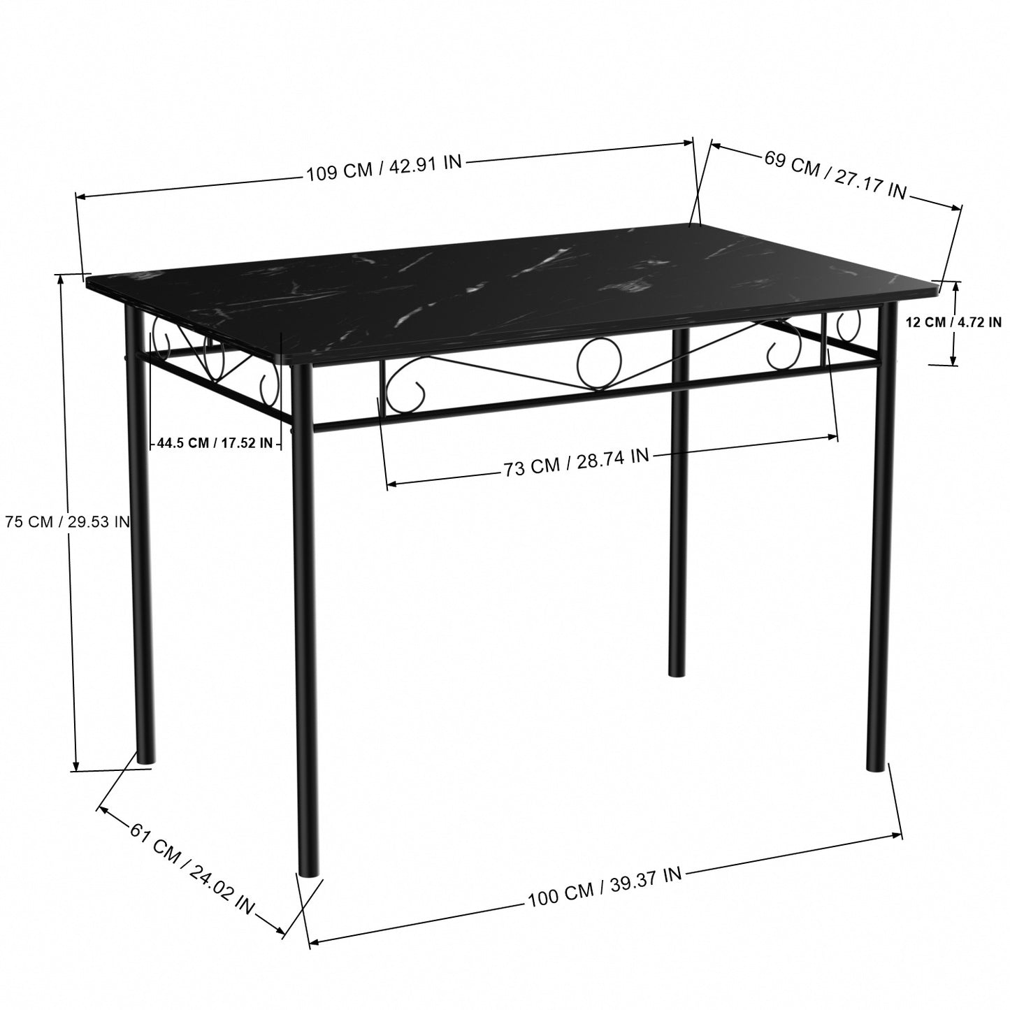 Ensemble table à manger 109x 69x 75 cm et 4 chaises - marbre noir et noir - style industriel pour cuisine, salle à manger, salon