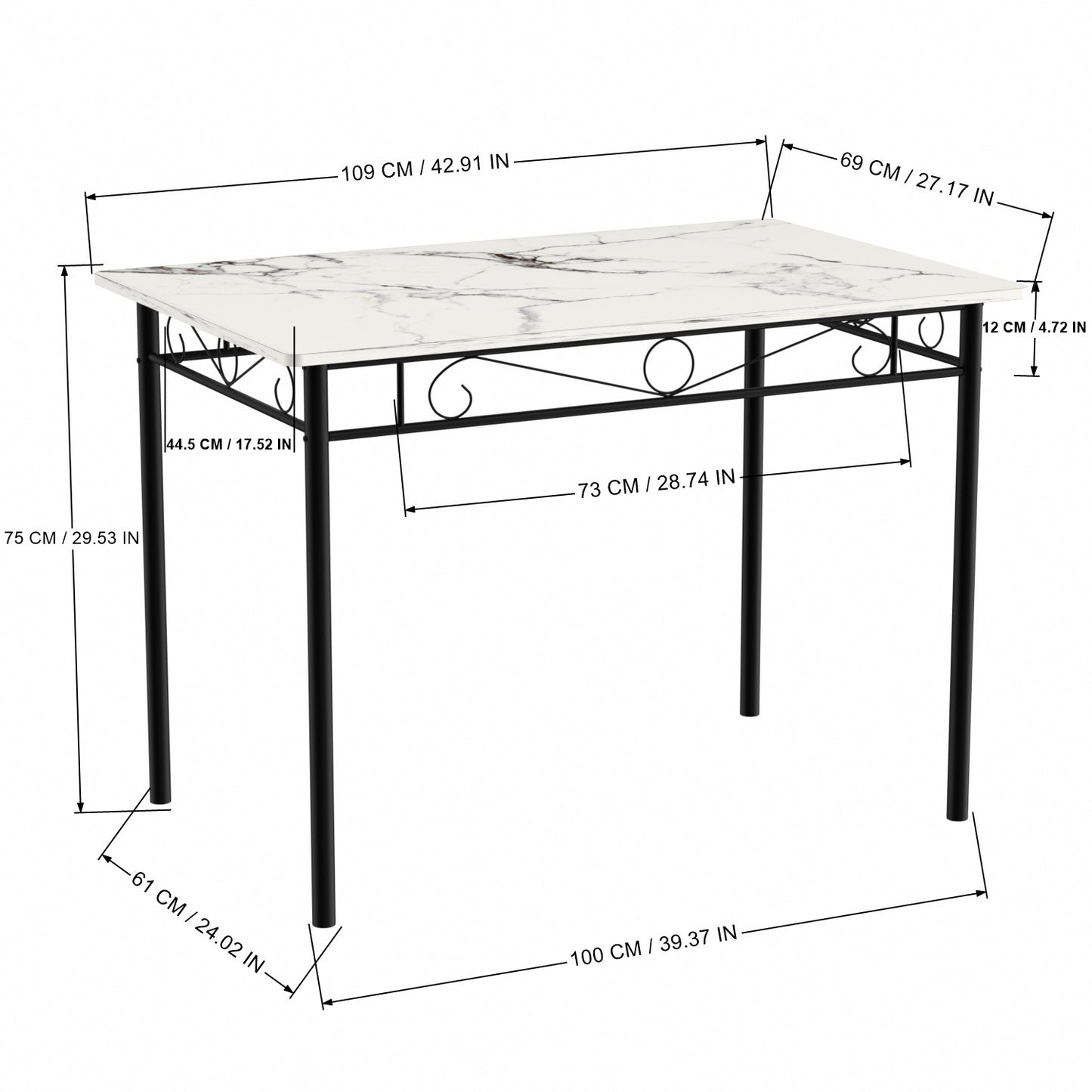 Ensemble table à manger 109x 69x 75 cm et 4 chaises - marbre noir et blanc - style industriel pour cuisine, salle à manger, salon