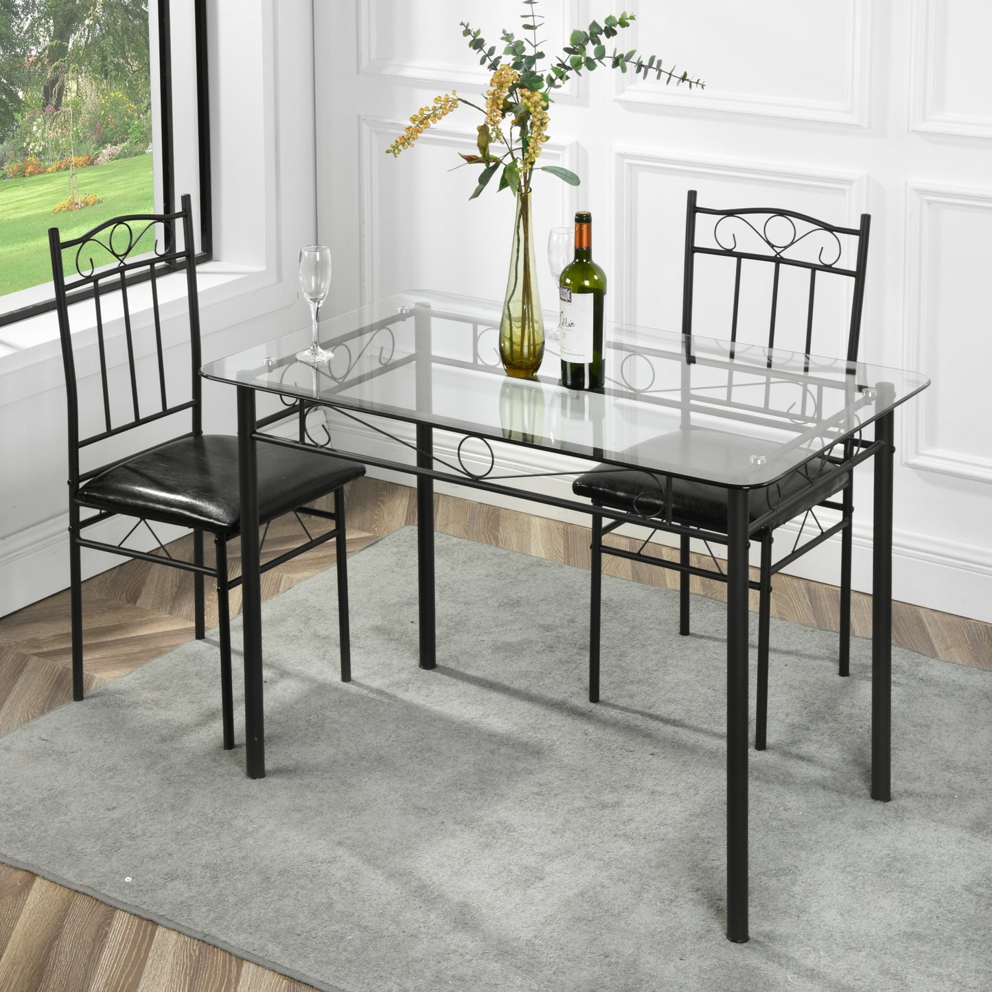 Table à manger de 2 personnes style morden - Plateau en verre trempé - Pieds en fer noir-109 x 69 x 75cm