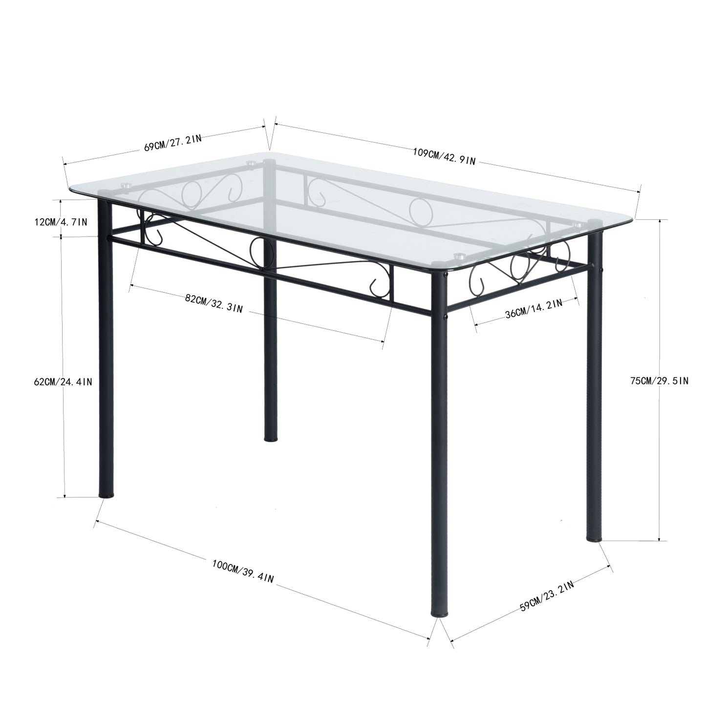 Table à manger de 2 personnes style morden - Plateau en verre trempé - Pieds en fer noir-109 x 69 x 75cm