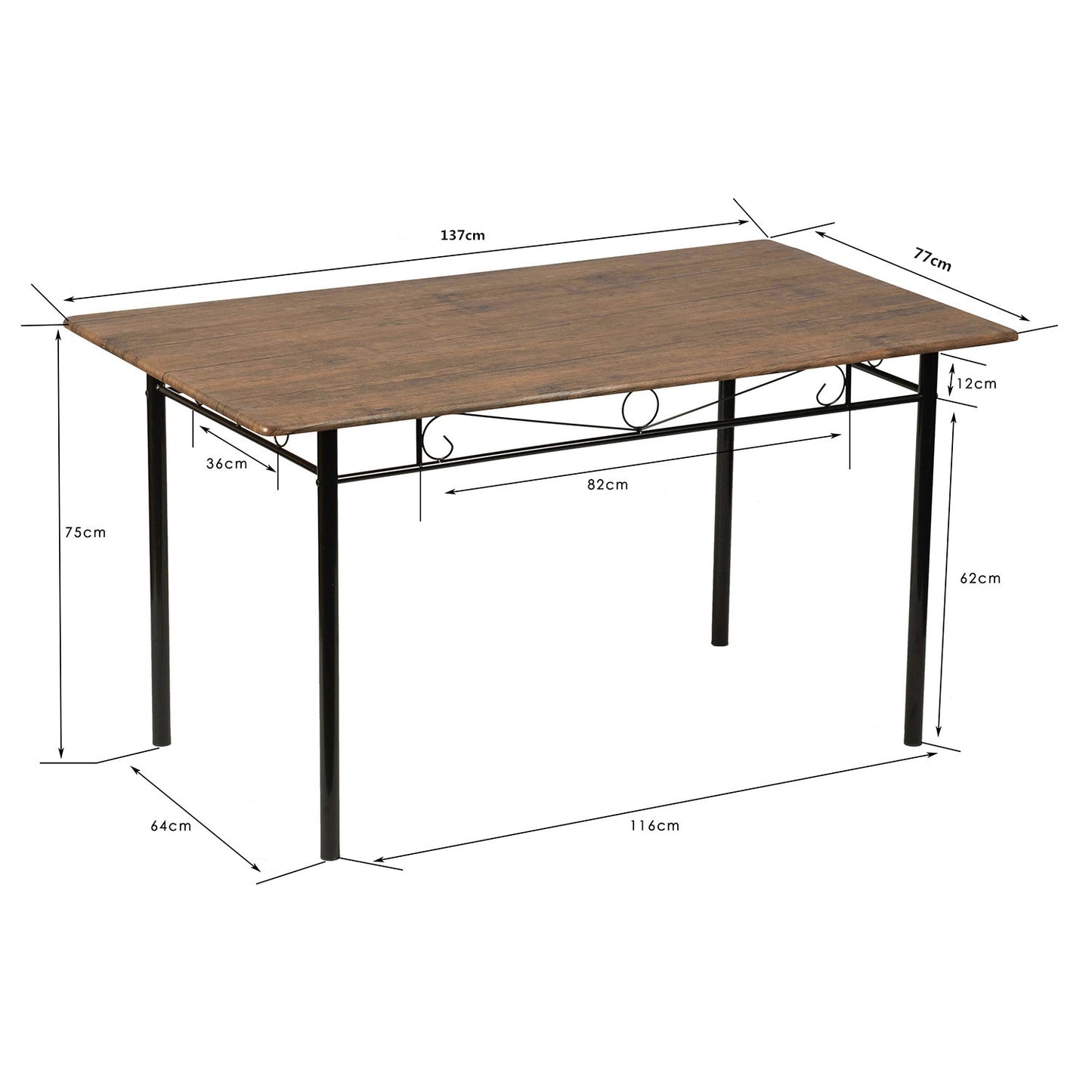 Table à manger de 4-6 personnes style morden-Pieds en fer noir - 137 x 77 x 75cm - Grain de bois foncé