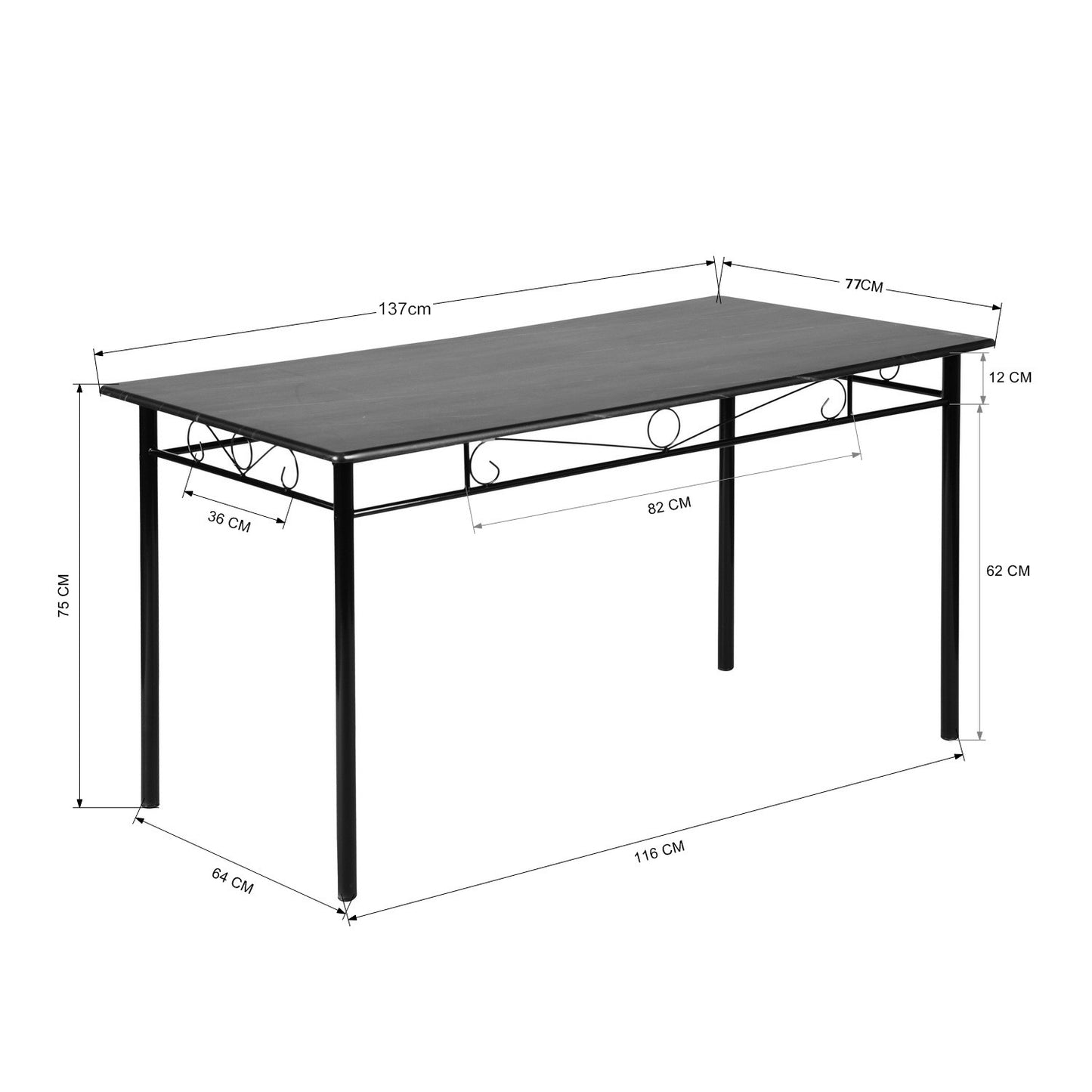 Table Ă manger de 4-6 personnes style morden-Pieds en fer noir - 137 x 77 x 75cm - Marbre noir grain