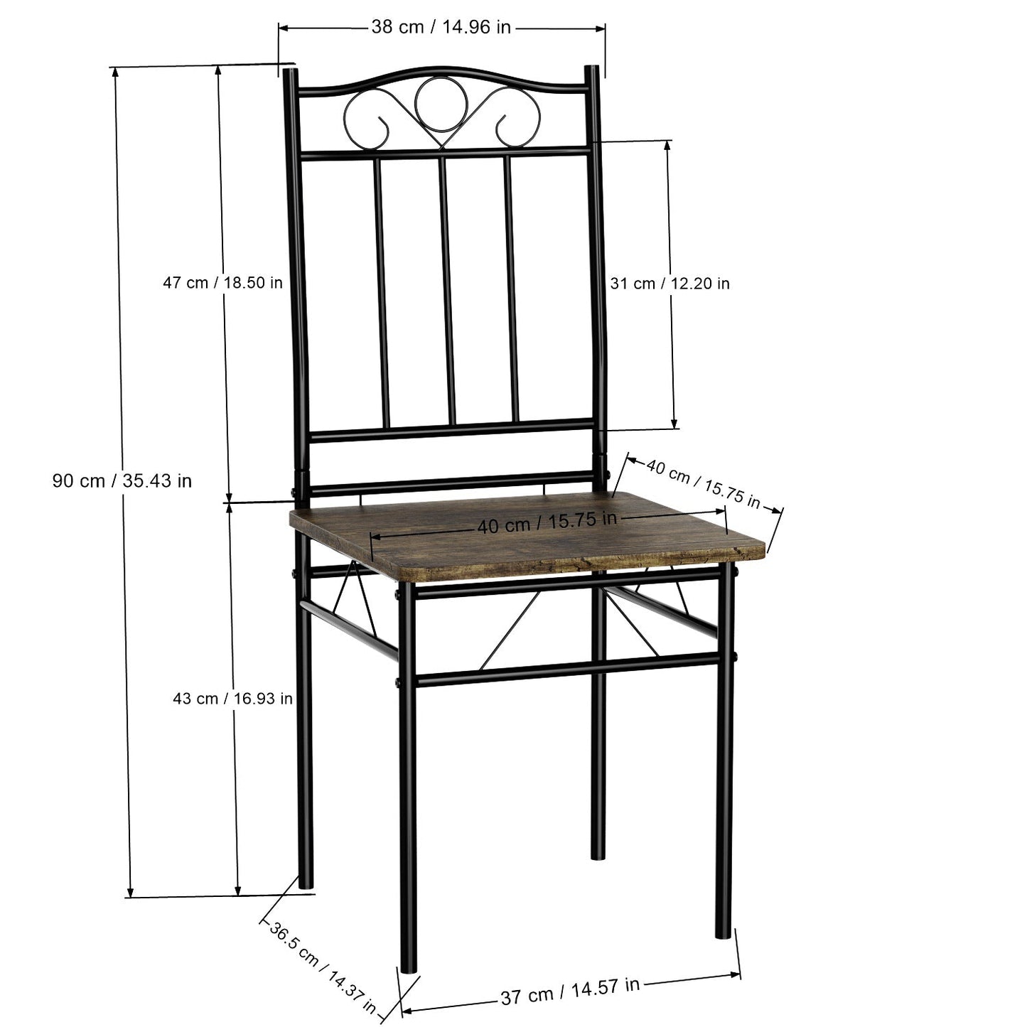 Lot de 6 chaises pieds en fer nior de style industriel, adaptées pour cuisine, salle à manger, salon, 40x40x90 cm