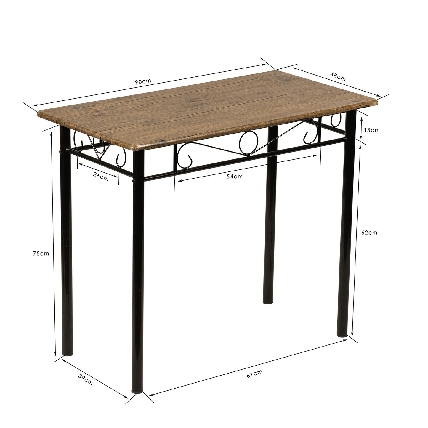 Ensemble table à manger 90x 48x 75 cm et 2 chaises - Marron rustique et noir - Style Industriel, pour Cuisine, Salle à Manger, Salon