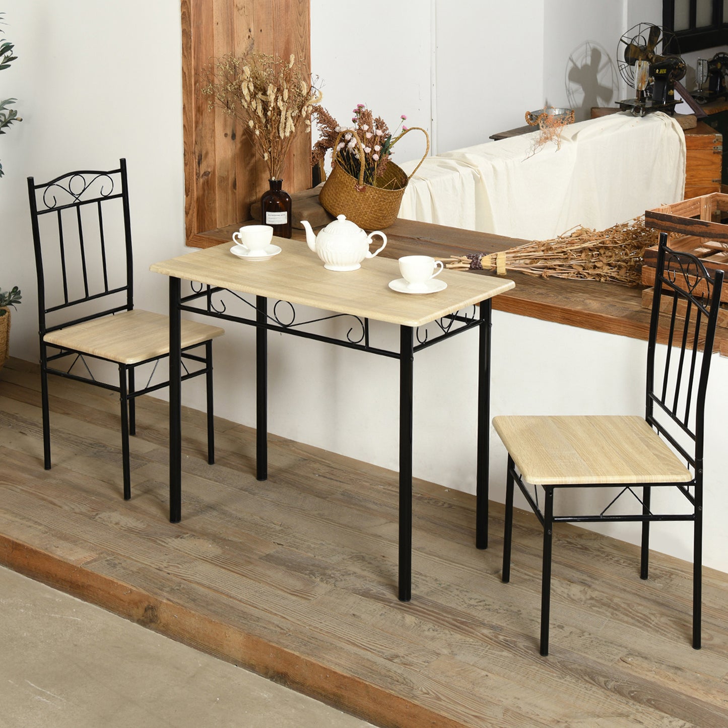 Ensemble table à manger 90x 48x 75 cm et 2 chaises - Hêtre clair et Noir - Style Industriel, pour Cuisine, Salle à Manger, Salon