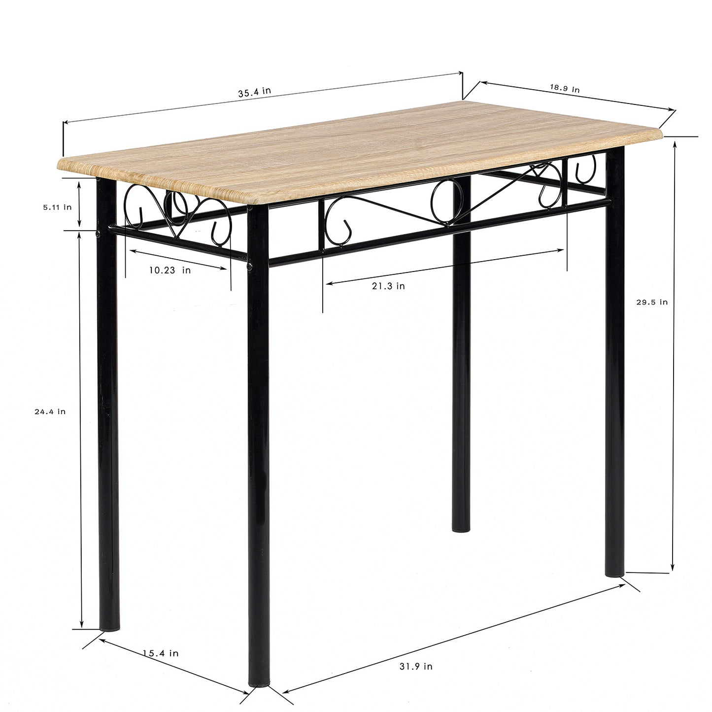 Ensemble table à manger 90x 48x 75 cm et 2 chaises - Hêtre clair et Noir - Style Industriel, pour Cuisine, Salle à Manger, Salon