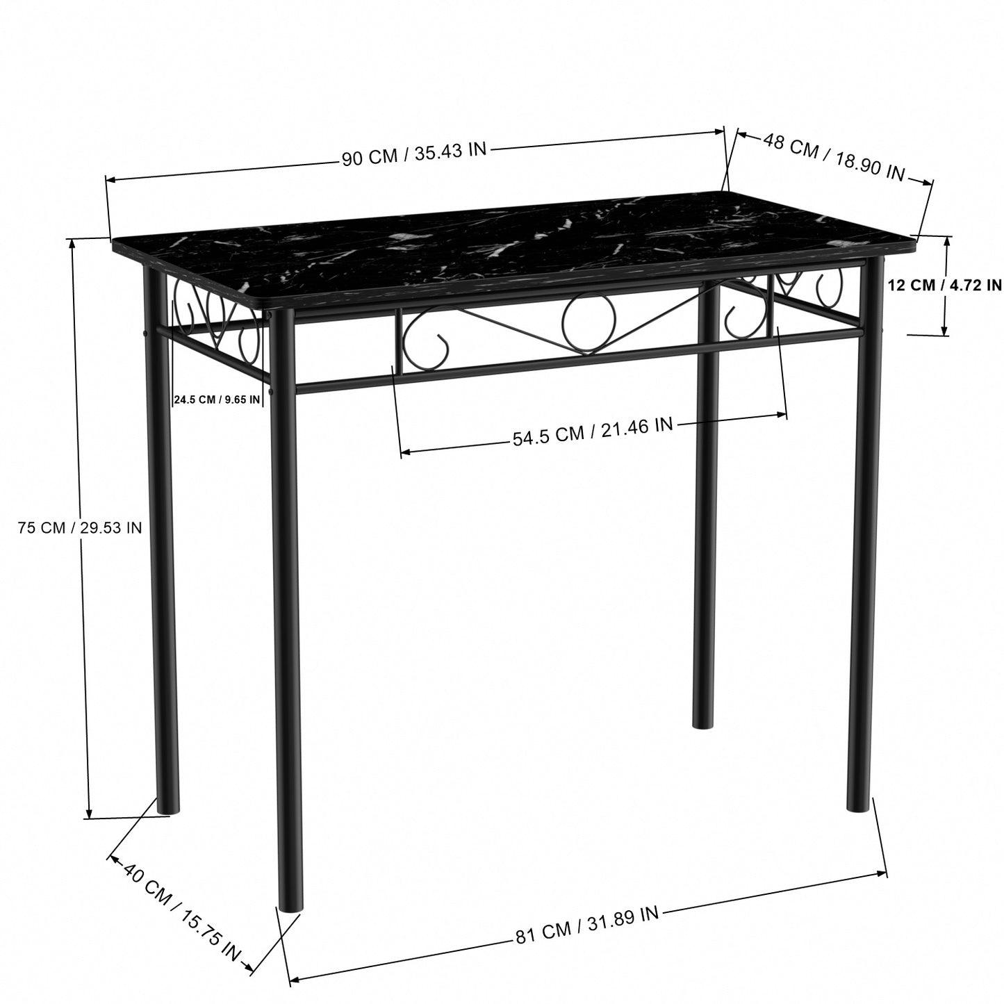 Ensemble table à manger 90x 48x 75 cm et 2 chaises - noir marbré et noir - Style Industriel, pour Cuisine, Salle à Manger, Salon