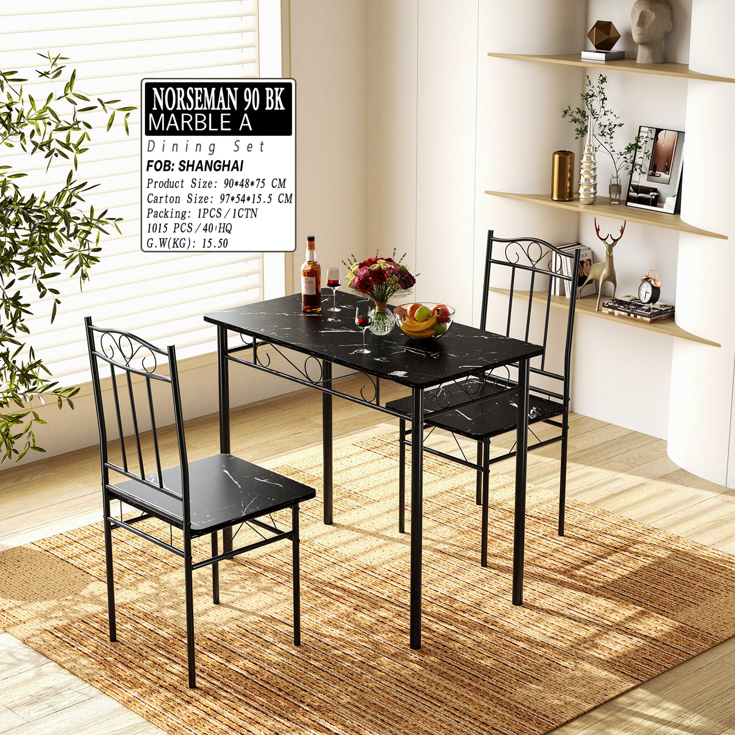 Ensemble table à manger 90x 48x 75 cm et 2 chaises - noir marbré et noir - Style Industriel, pour Cuisine, Salle à Manger, Salon