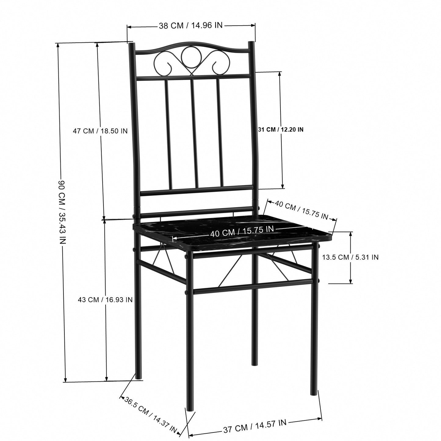 Ensemble table à manger 90x 48x 75 cm et 2 chaises - noir marbré et noir - Style Industriel, pour Cuisine, Salle à Manger, Salon