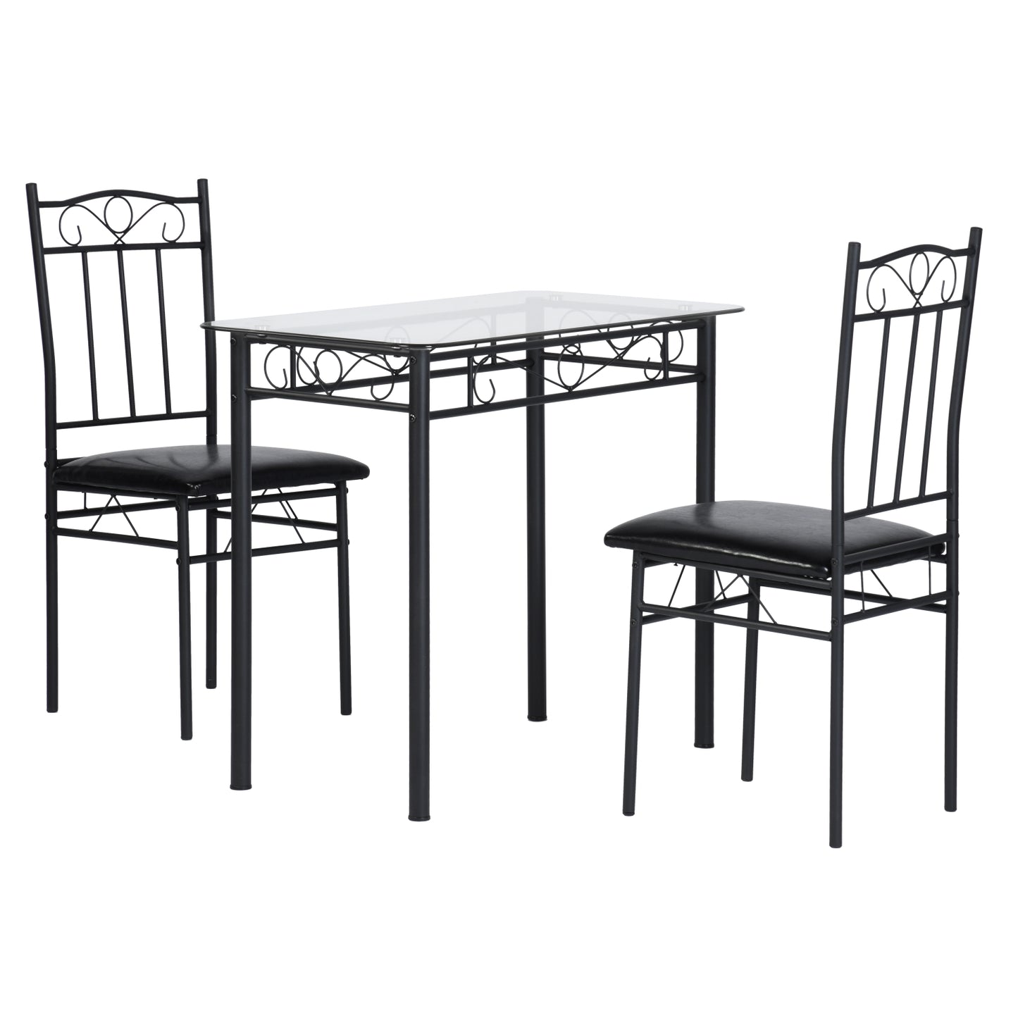 Ensemble table à manger 90x 48x 75 cm et 2 chaises - Plateau transparent et chaise noire- Style Industriel, pour Cuisine, Salle à Manger, Salon