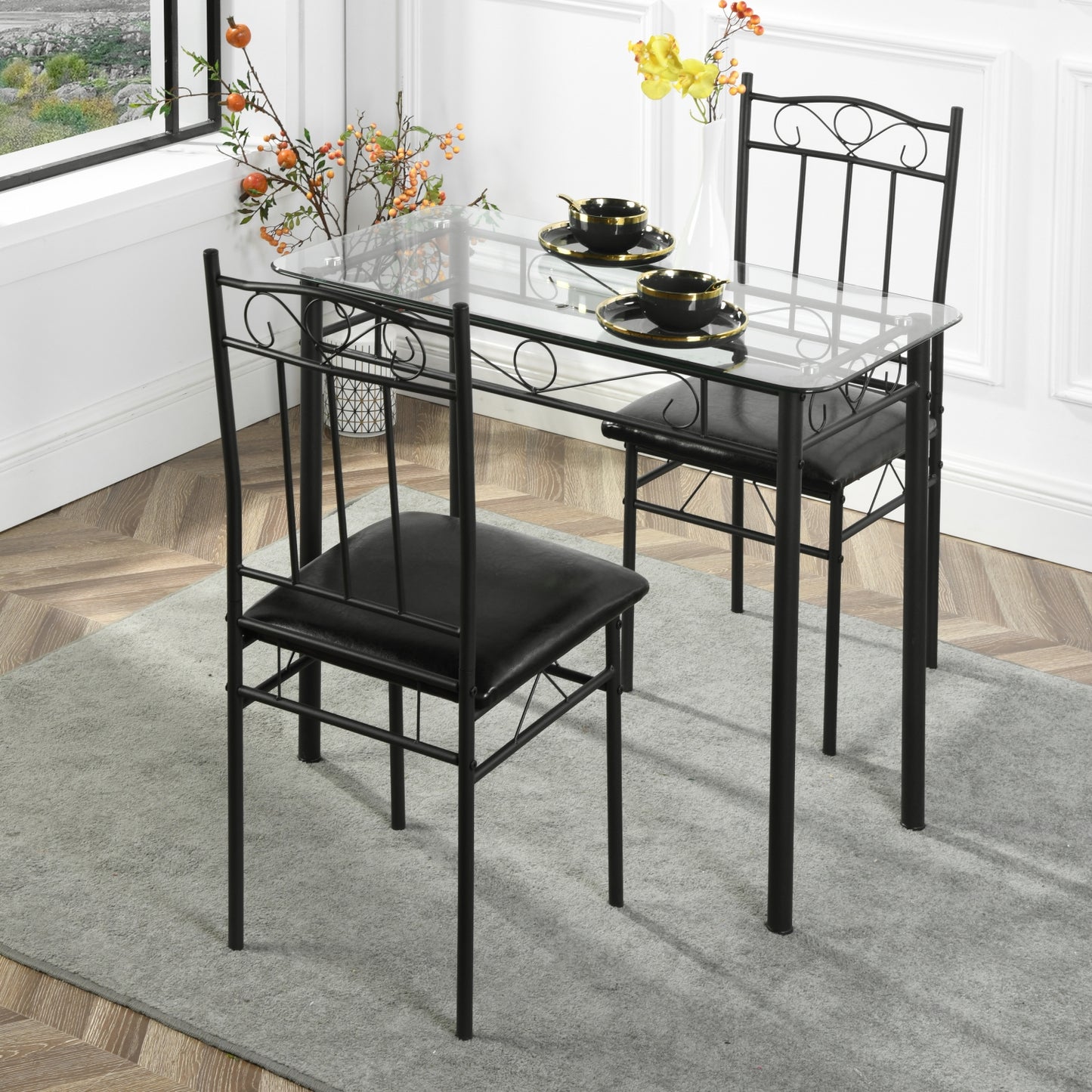 Ensemble table à manger 90x 48x 75 cm et 2 chaises - Plateau transparent et chaise noire- Style Industriel, pour Cuisine, Salle à Manger, Salon