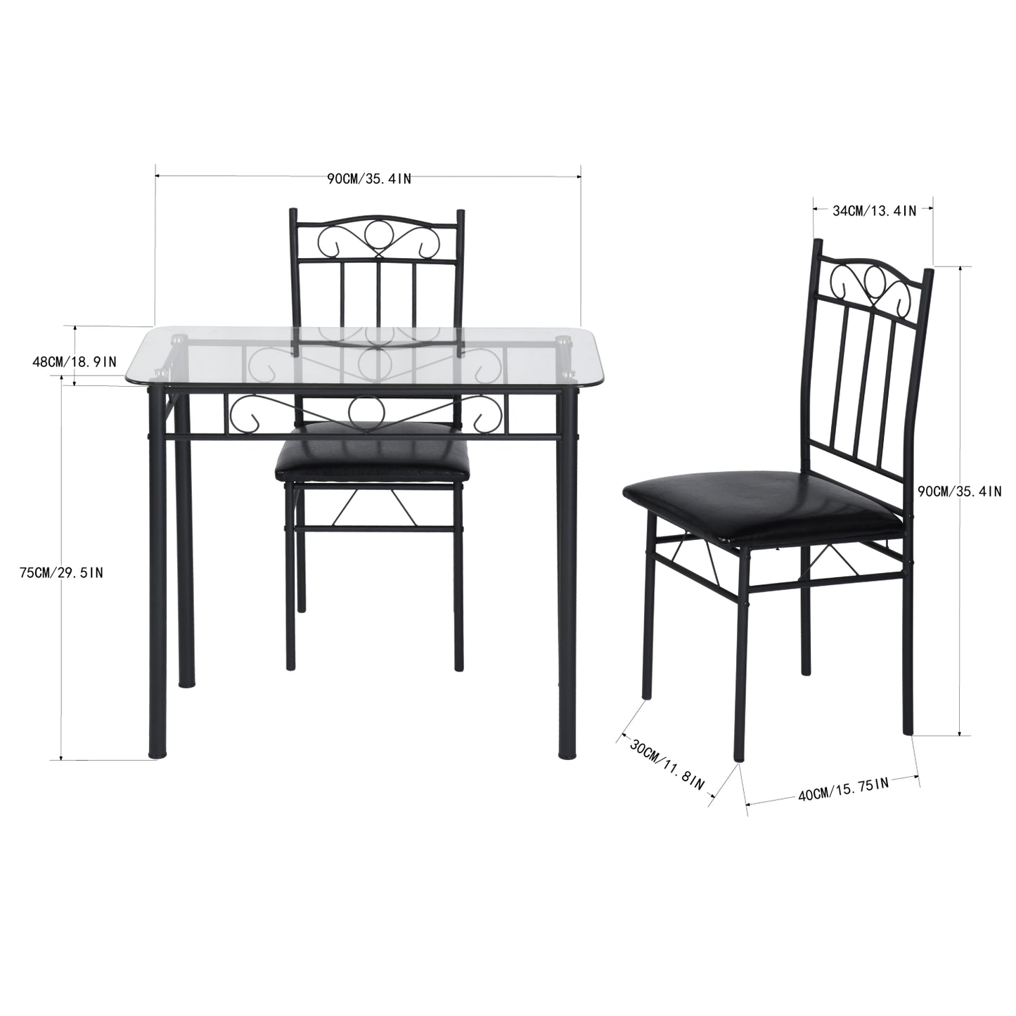 Ensemble table à manger 90x 48x 75 cm et 2 chaises - Plateau transparent et chaise noire- Style Industriel, pour Cuisine, Salle à Manger, Salon