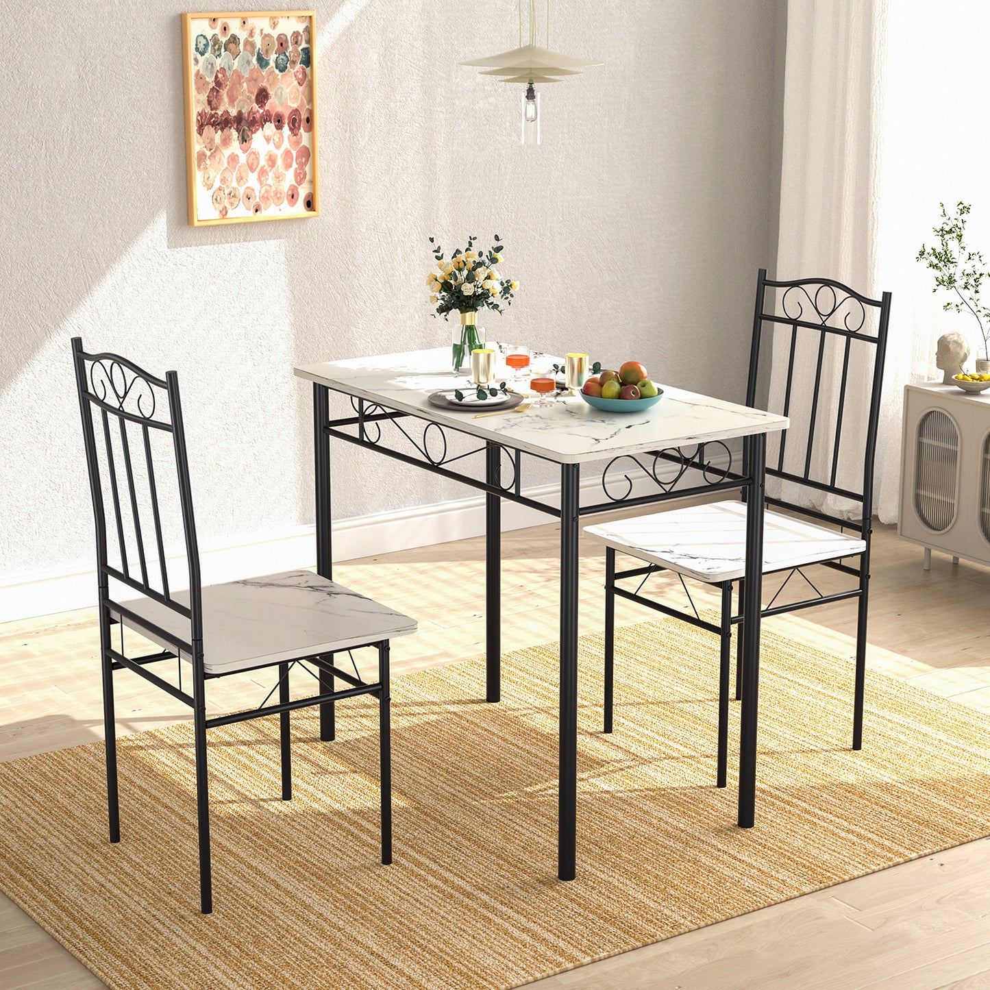 Ensemble table à manger 90x 48x 75 cm et 2 chaises - blanc marbré et noir - Style Industriel, pour Cuisine, Salle à Manger, Salon