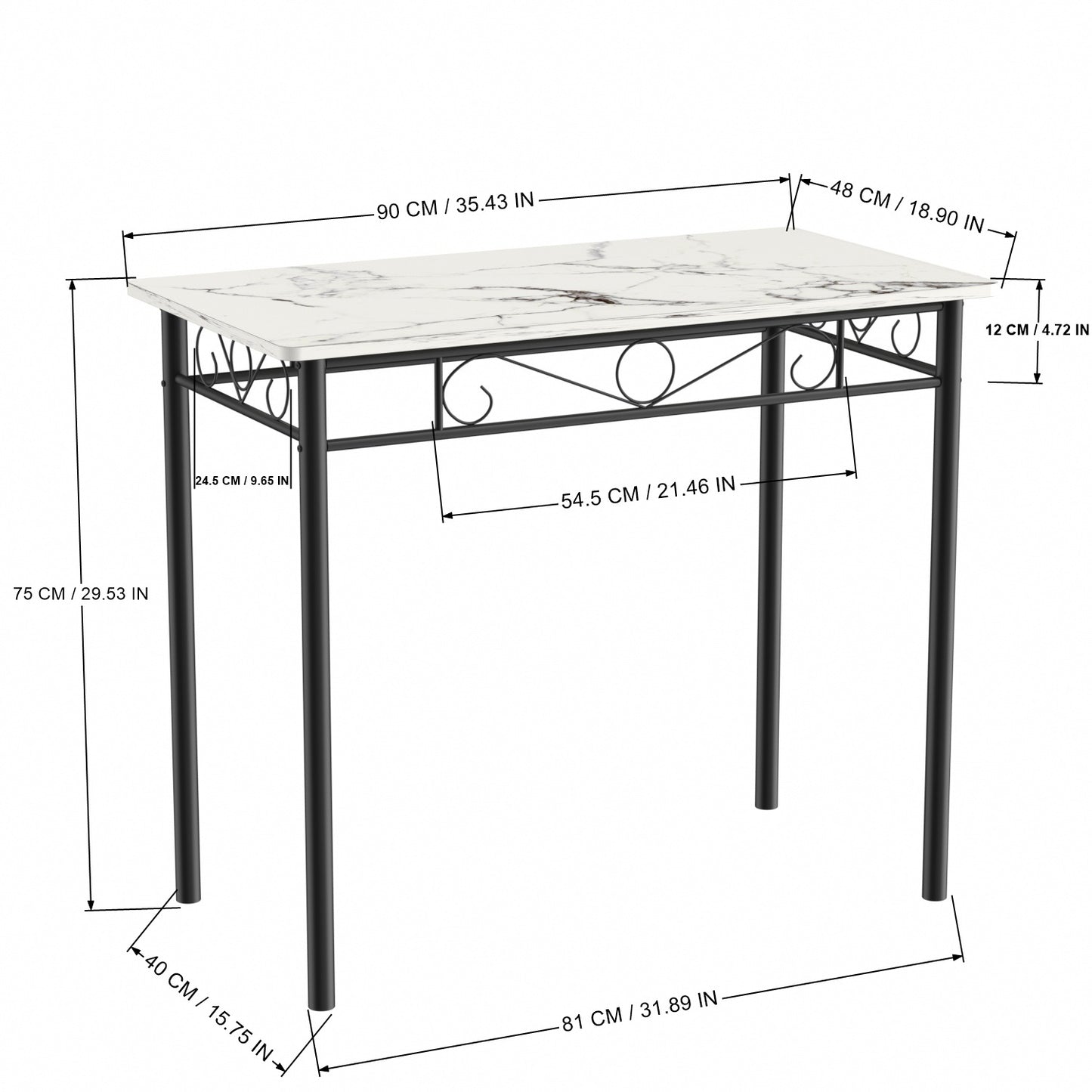 Ensemble table à manger 90x 48x 75 cm et 2 chaises - blanc marbré et noir - Style Industriel, pour Cuisine, Salle à Manger, Salon