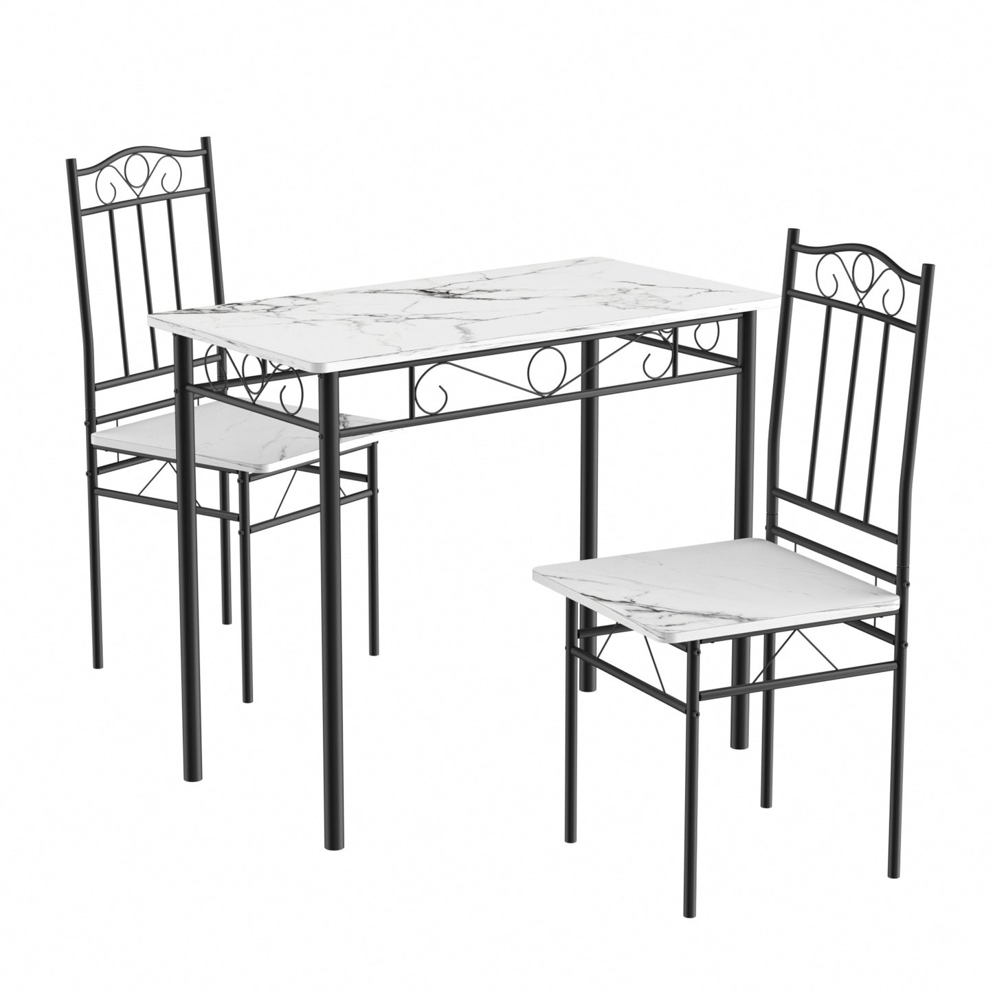 Ensemble table à manger 90x 48x 75 cm et 2 chaises - blanc marbré et noir - Style Industriel, pour Cuisine, Salle à Manger, Salon