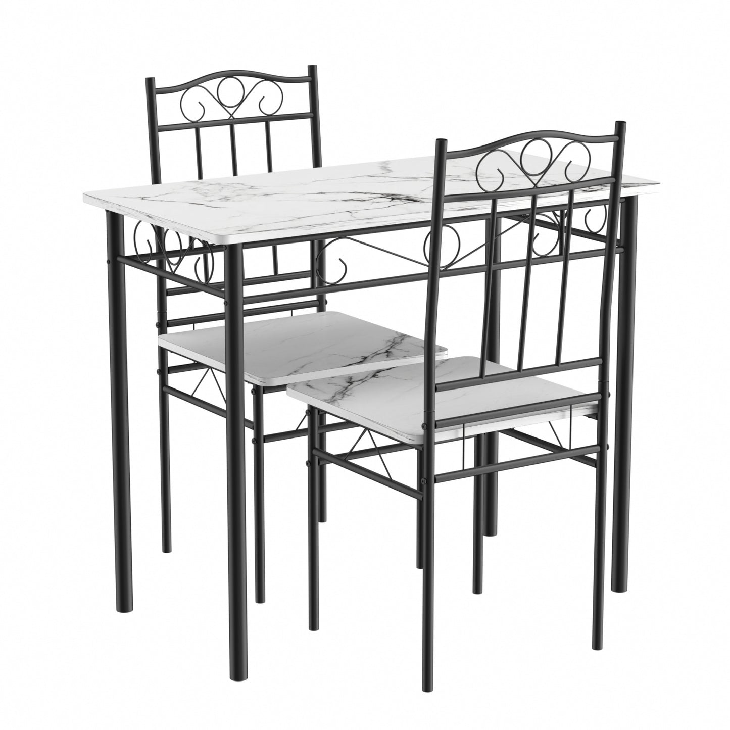 Ensemble table à manger 90x 48x 75 cm et 2 chaises - blanc marbré et noir - Style Industriel, pour Cuisine, Salle à Manger, Salon