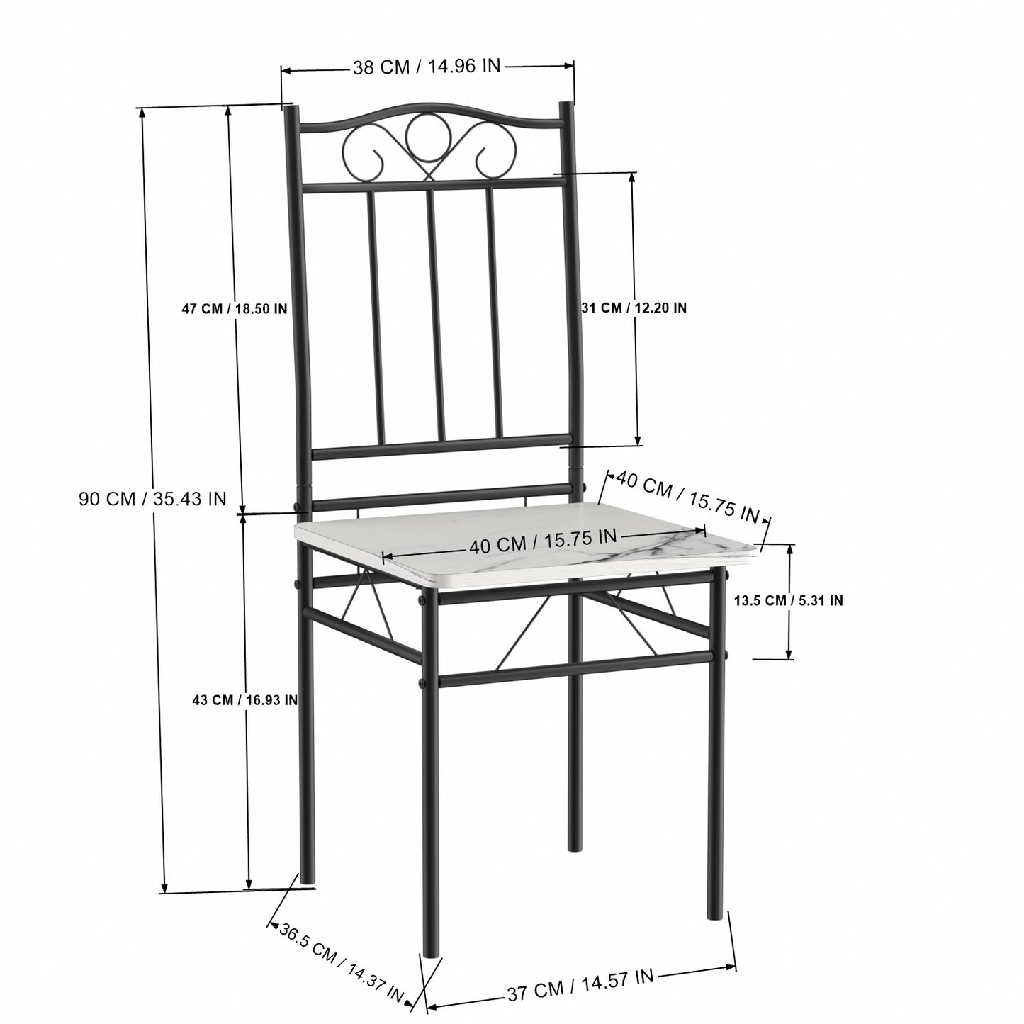 Ensemble table à manger 90x 48x 75 cm et 2 chaises - blanc marbré et noir - Style Industriel, pour Cuisine, Salle à Manger, Salon