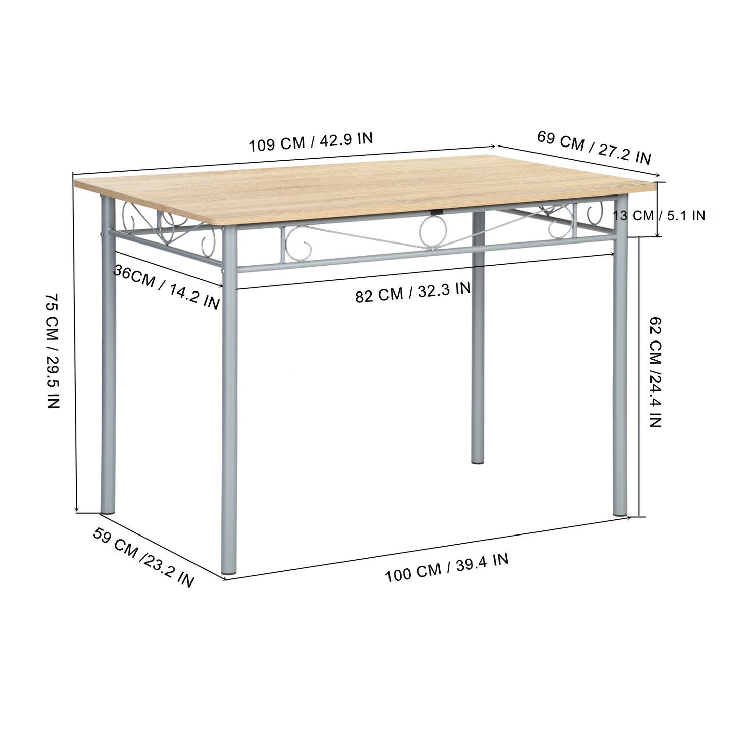 Ensemble table à manger 109x 69x 75 cm et 4 chaises - Panneau en bois, support en métal argenté- style industriel pour cuisine, salle à manger, salon