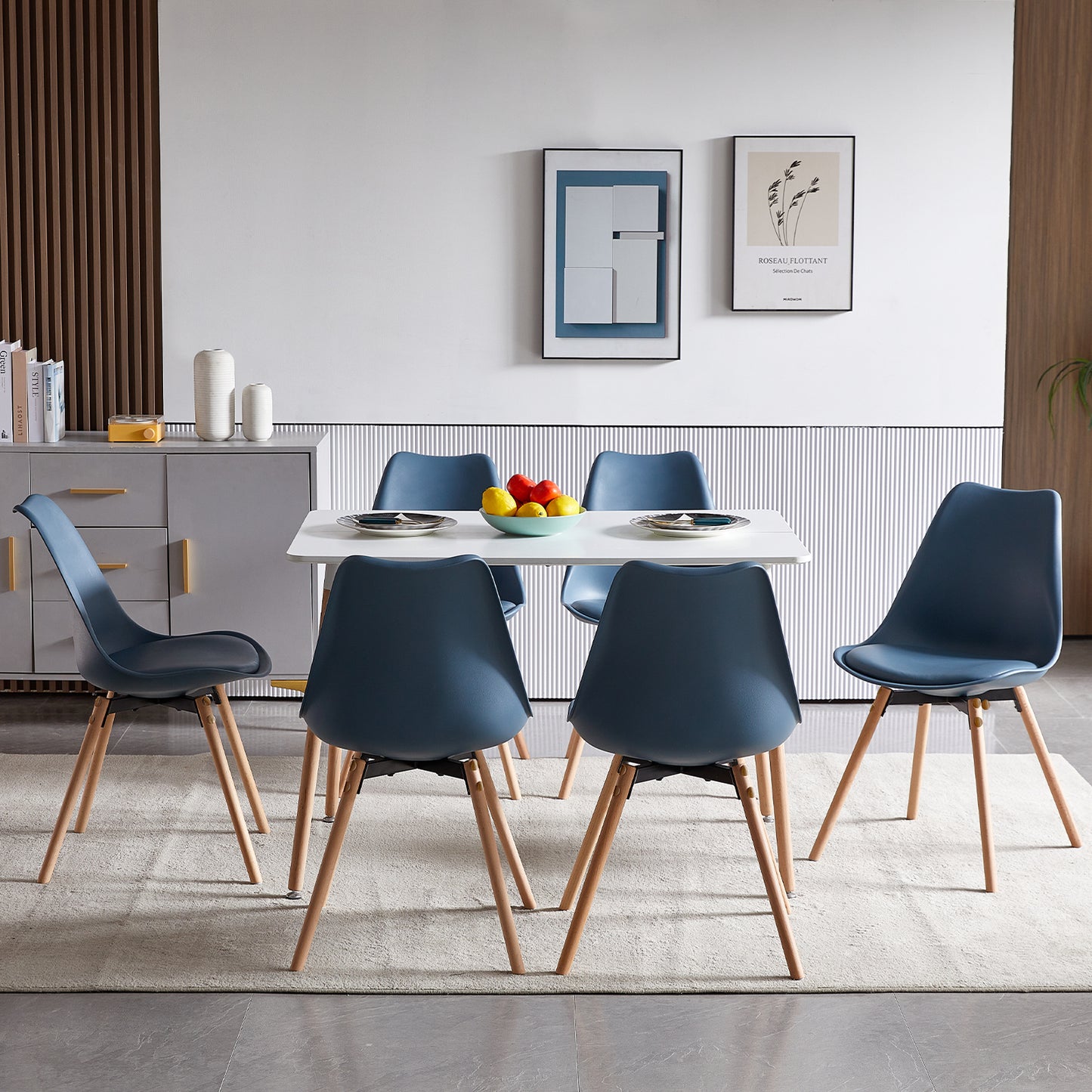 Lot de 6 chaises de salle à manger, rembourrées, pour cuisine, assise, dossier, salon, salle de conférence, en bois massif, bleu foncé