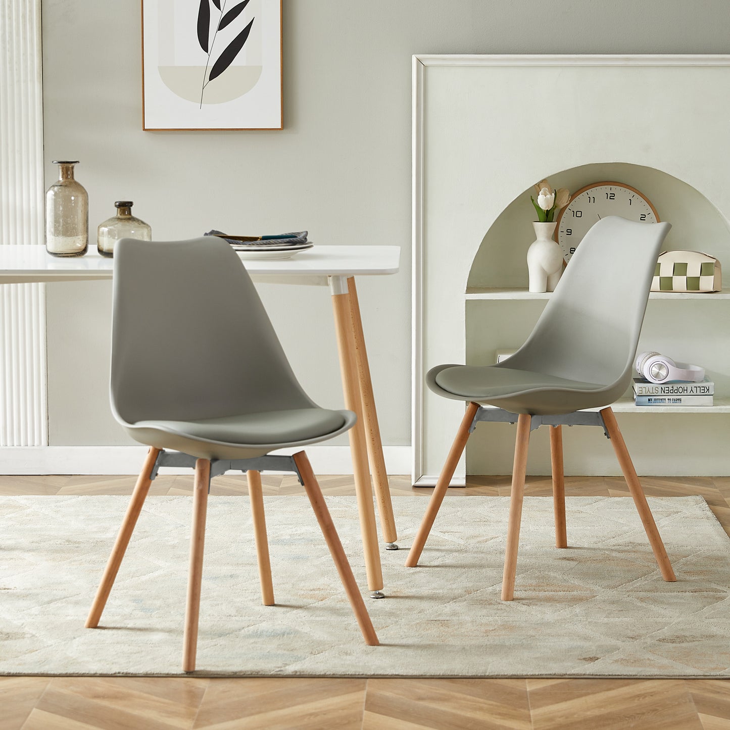 Lot de 2 Chaises de Salle à Manger en PP avec Pieds en Hêtre-Gris