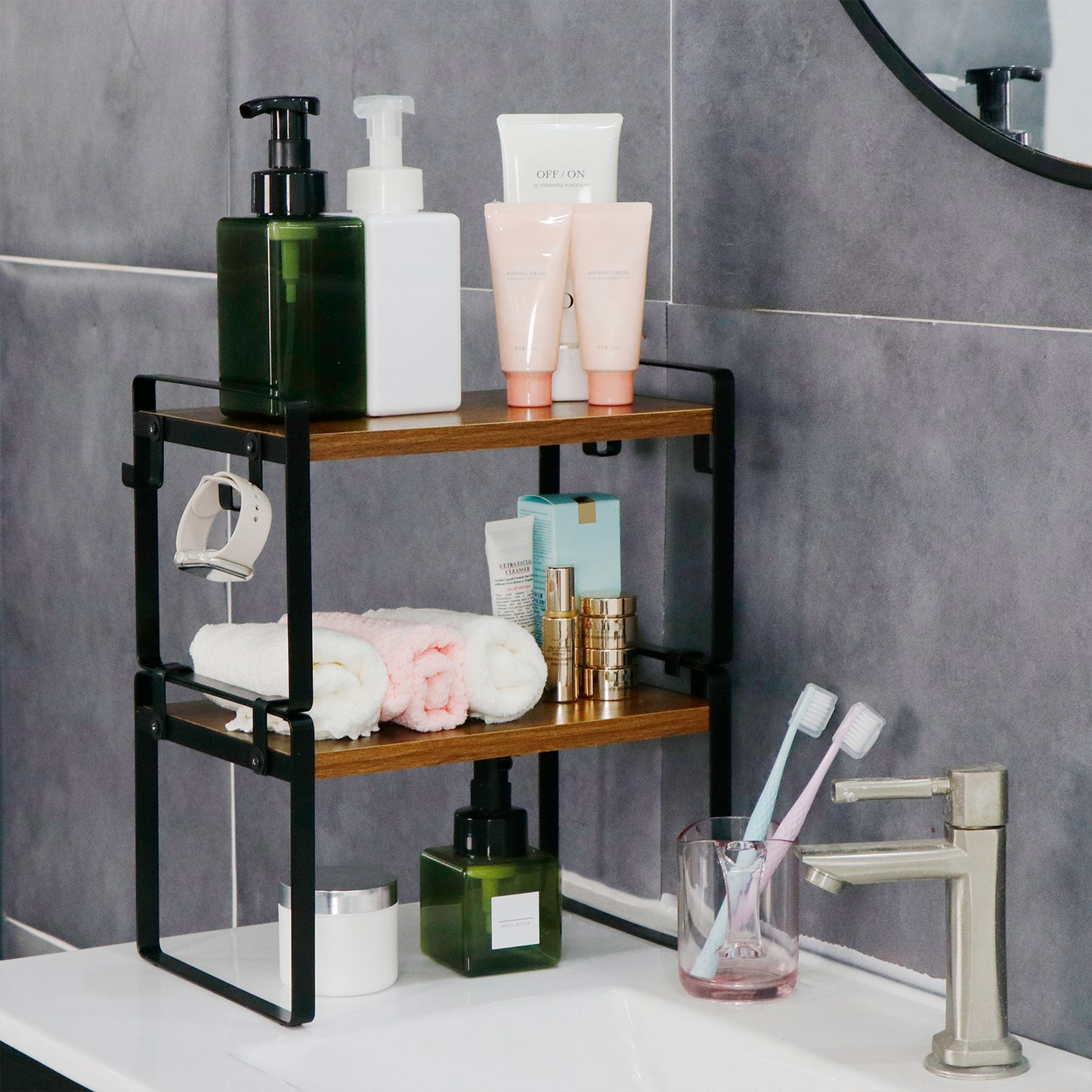 Étagère à 2 niveaux avec 8 crochets en fer, Organiseur de rangement polyvalent et robuste pour cuisine, 30x20x18 cm--Marron