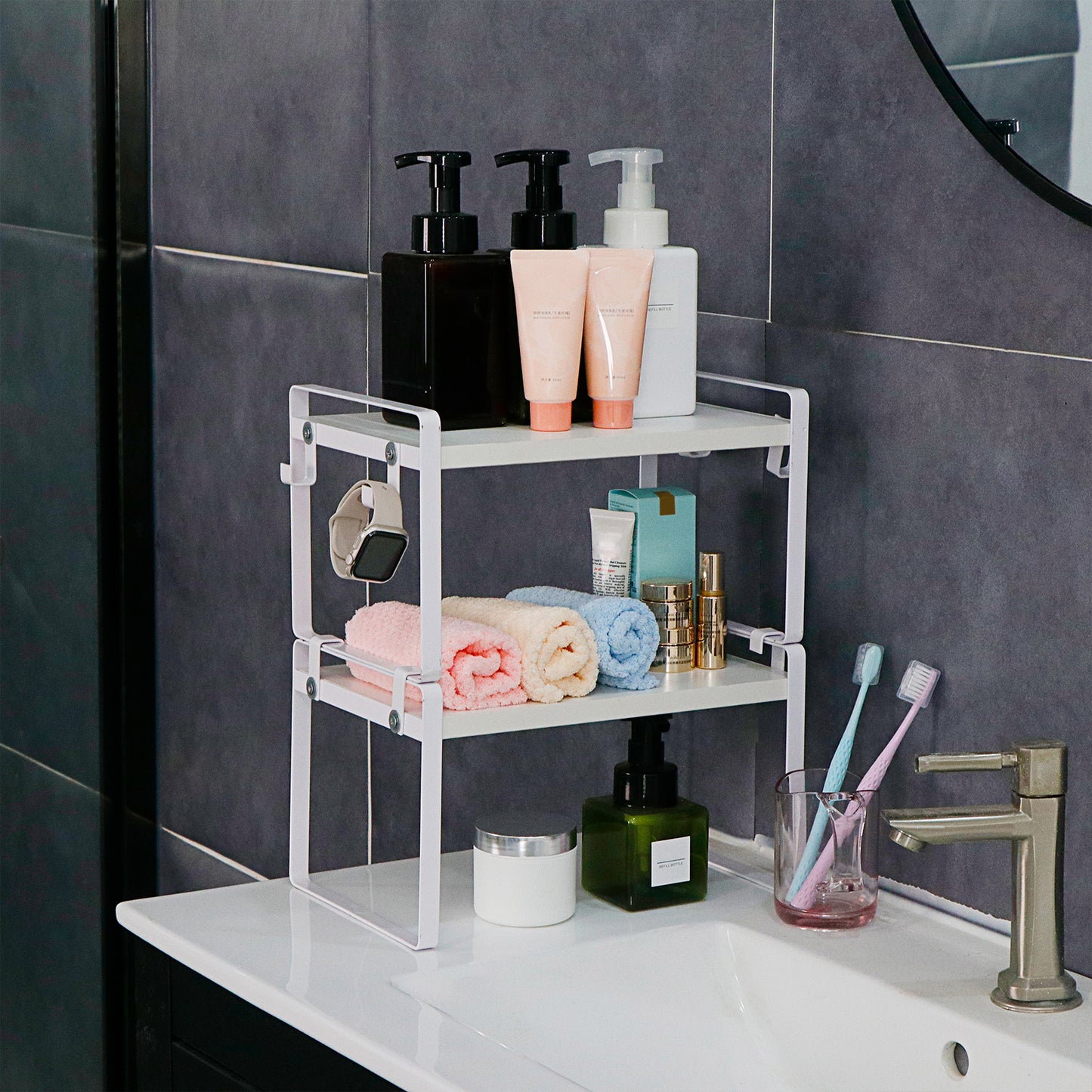 Étagère à 2 niveaux avec 8 crochets en fer, Organiseur de rangement polyvalent et robuste pour cuisine, 30x20x18 cm--Blanc