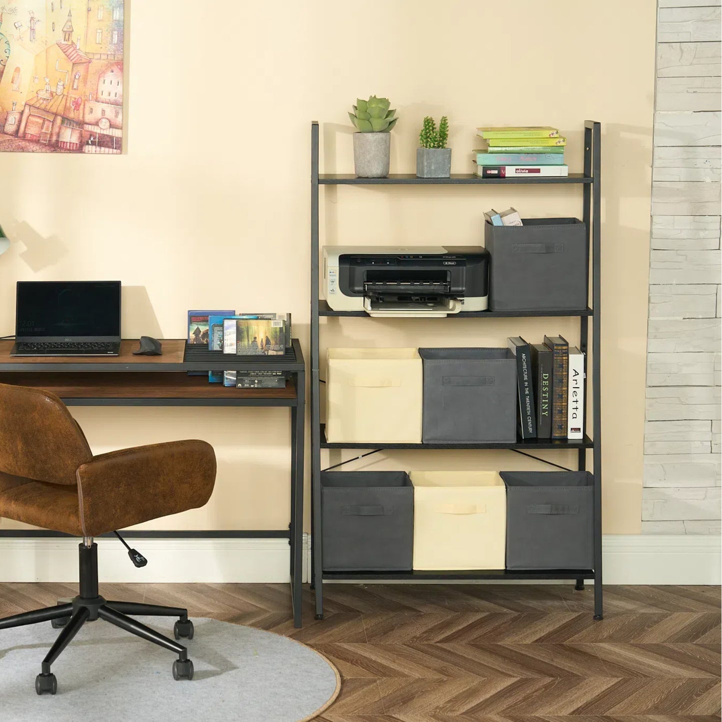 Bibliothèque indépendante de rangement, 4 Niveaux, Cadre en Acier Stable, Salon, Chambre, Bureau, 80 x 34.5 x 137 cm - Noir